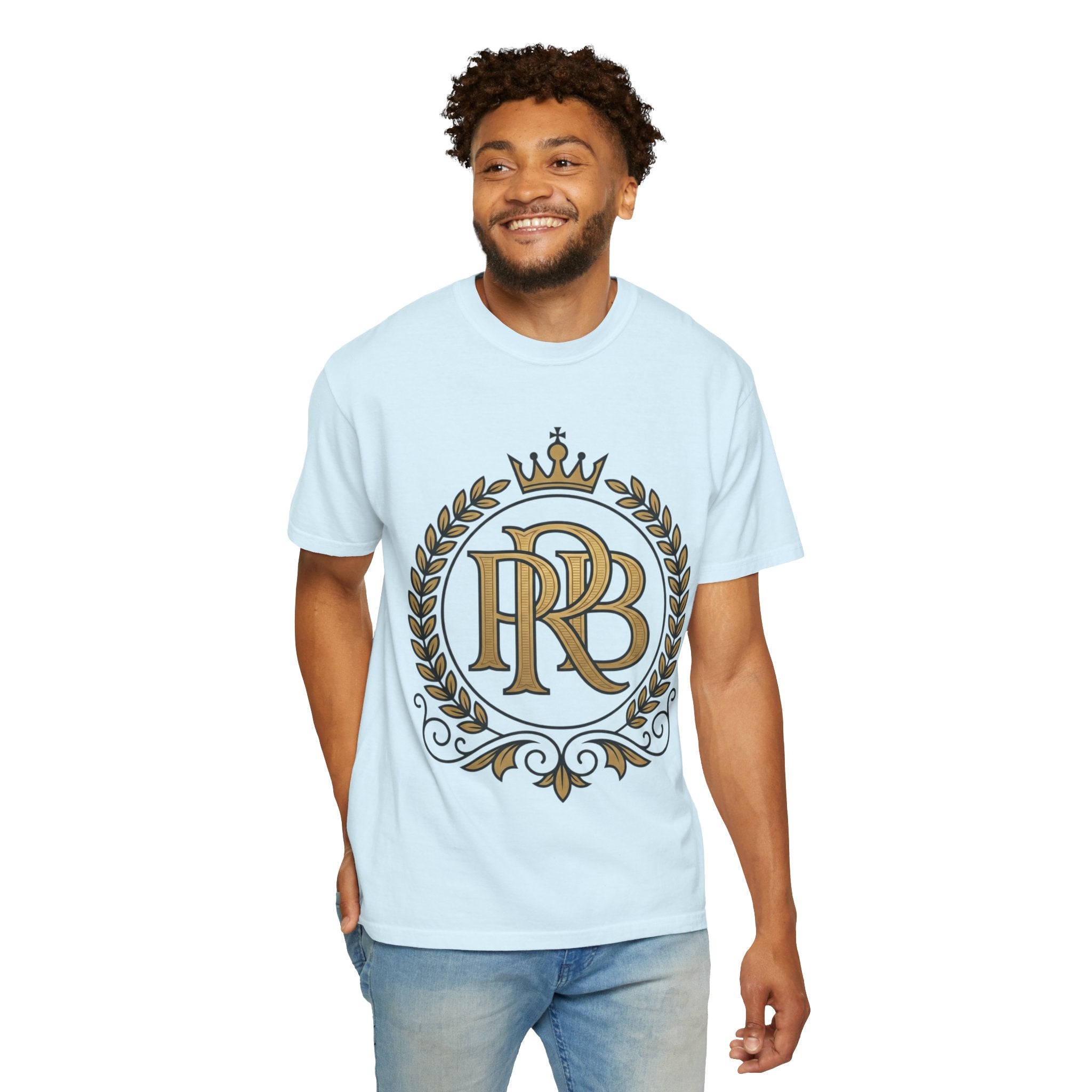 PRB Gold Monogram Crest Graphic T-Shirt | Laurel Crown Emblem Streetwear Tee by Printify
