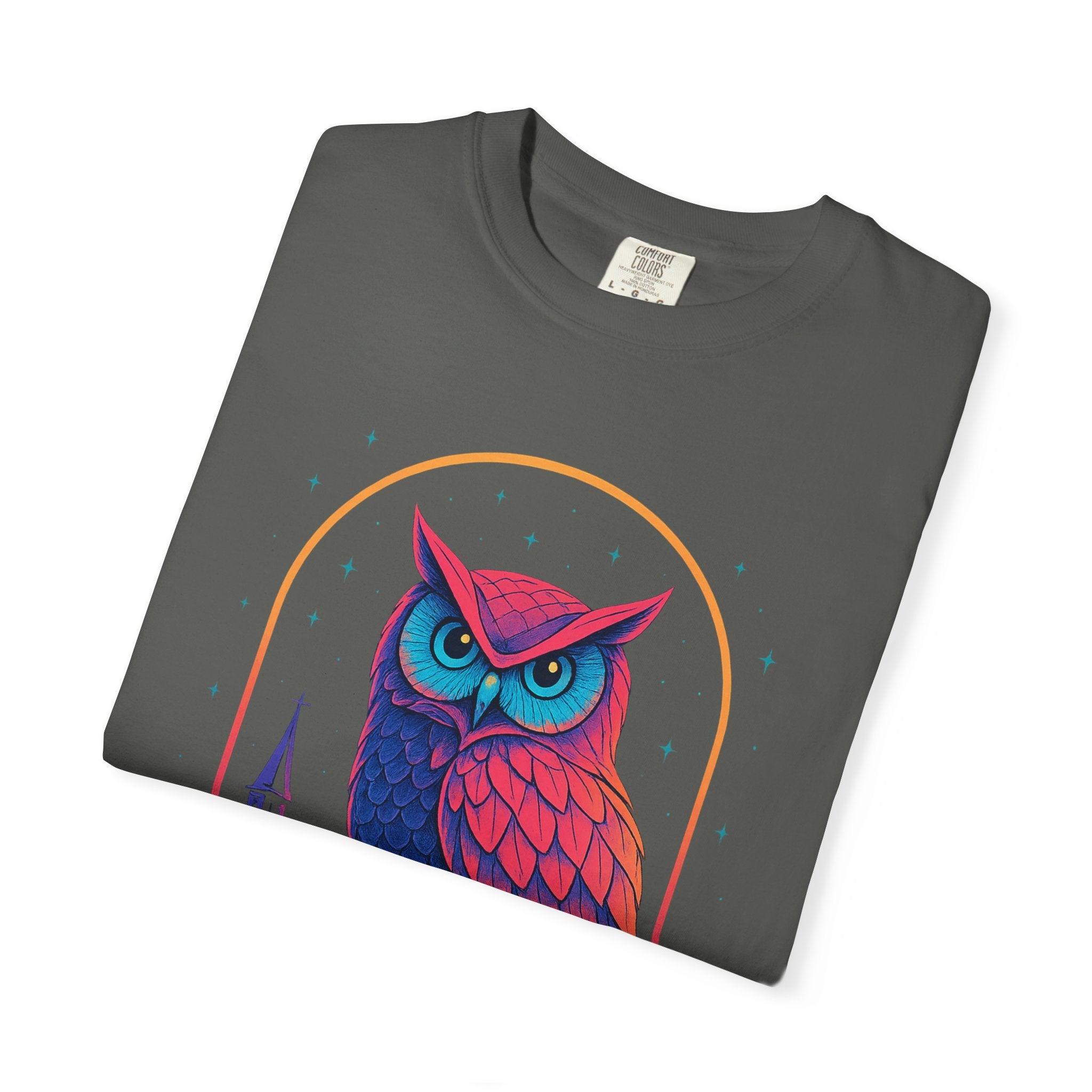 Neon Owl Illustration T-Shirt | Night Church Graphic Tee by Printify