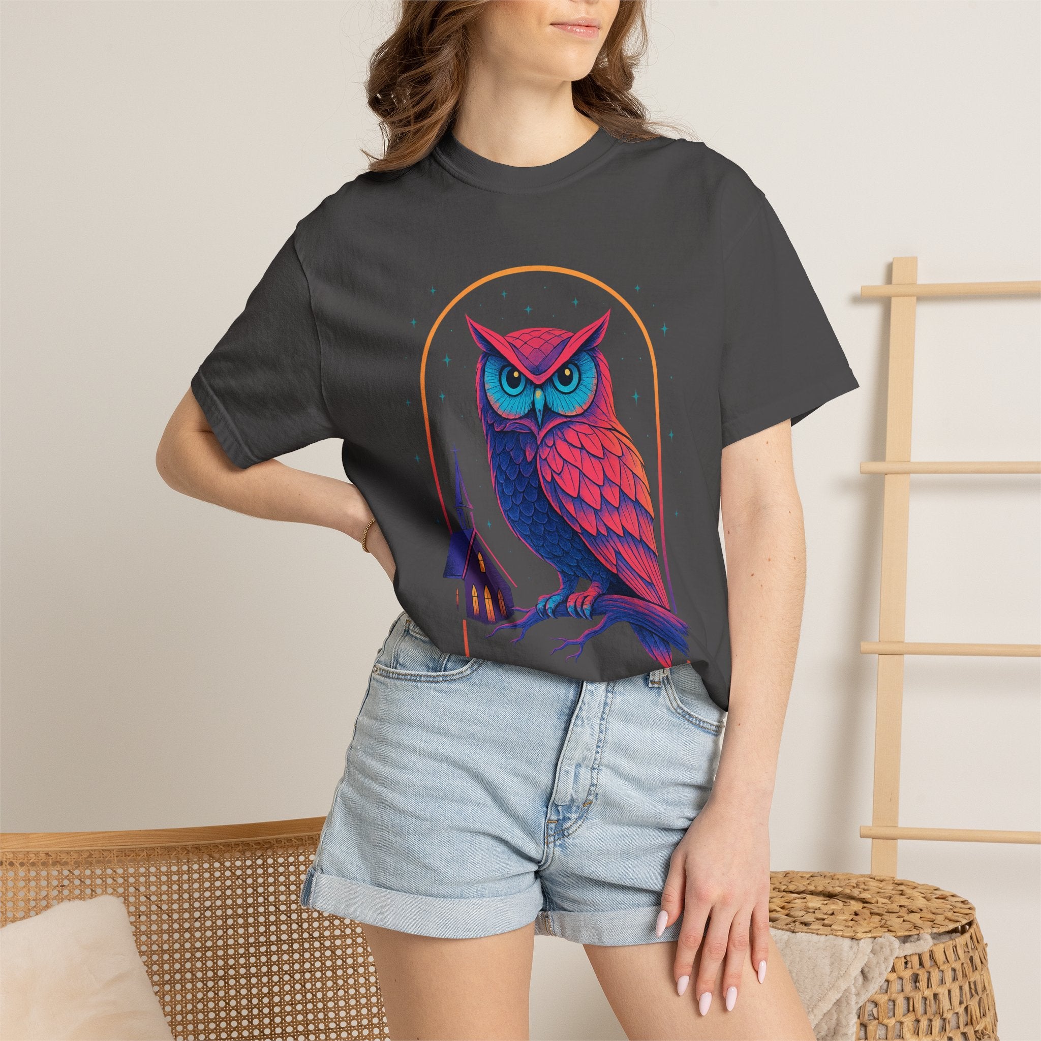 Neon Owl Illustration T-Shirt | Night Church Graphic Tee by Printify