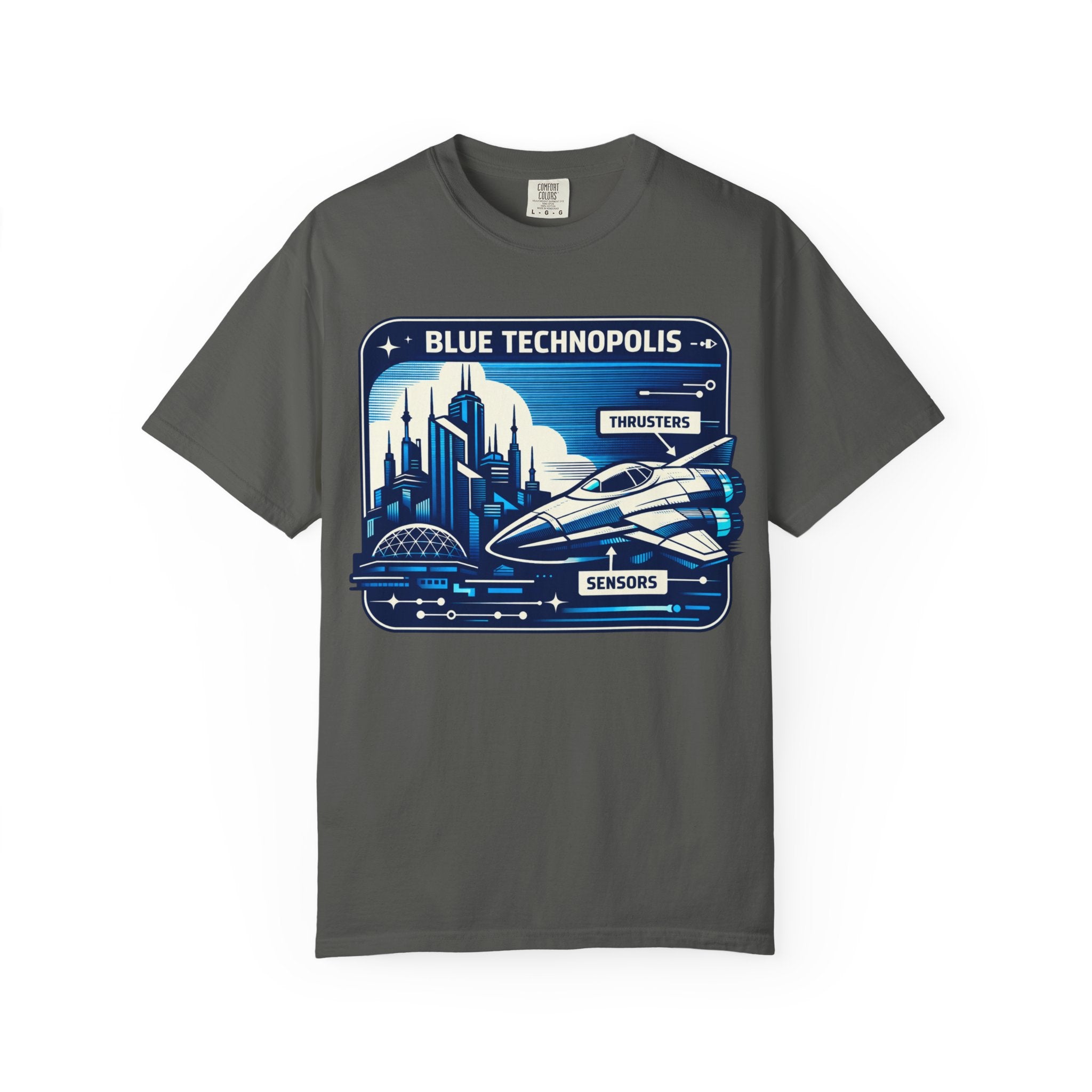 Power Runs Black PRB Technopolis Spacecraft T-Shirt — Blue Technopolis Retro Sci‑Fi Tee by Power Runs Black