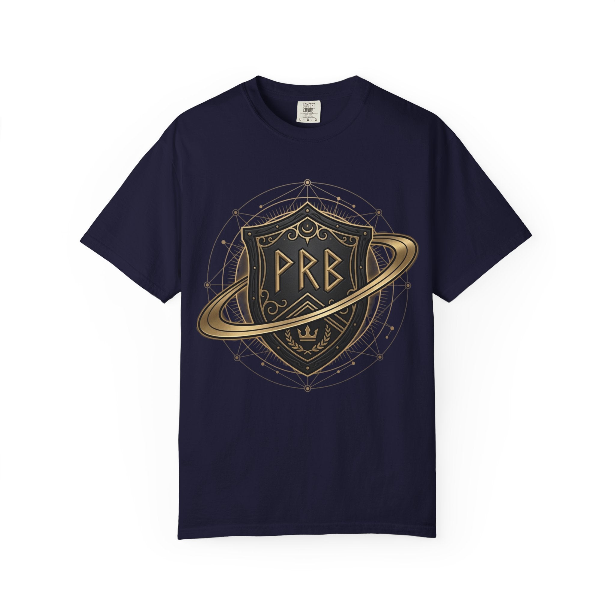 Power Runs Black Astral Crest Shield PRB T-Shirt | Saturn Ring Emblem, Gothic Heraldry by Printify