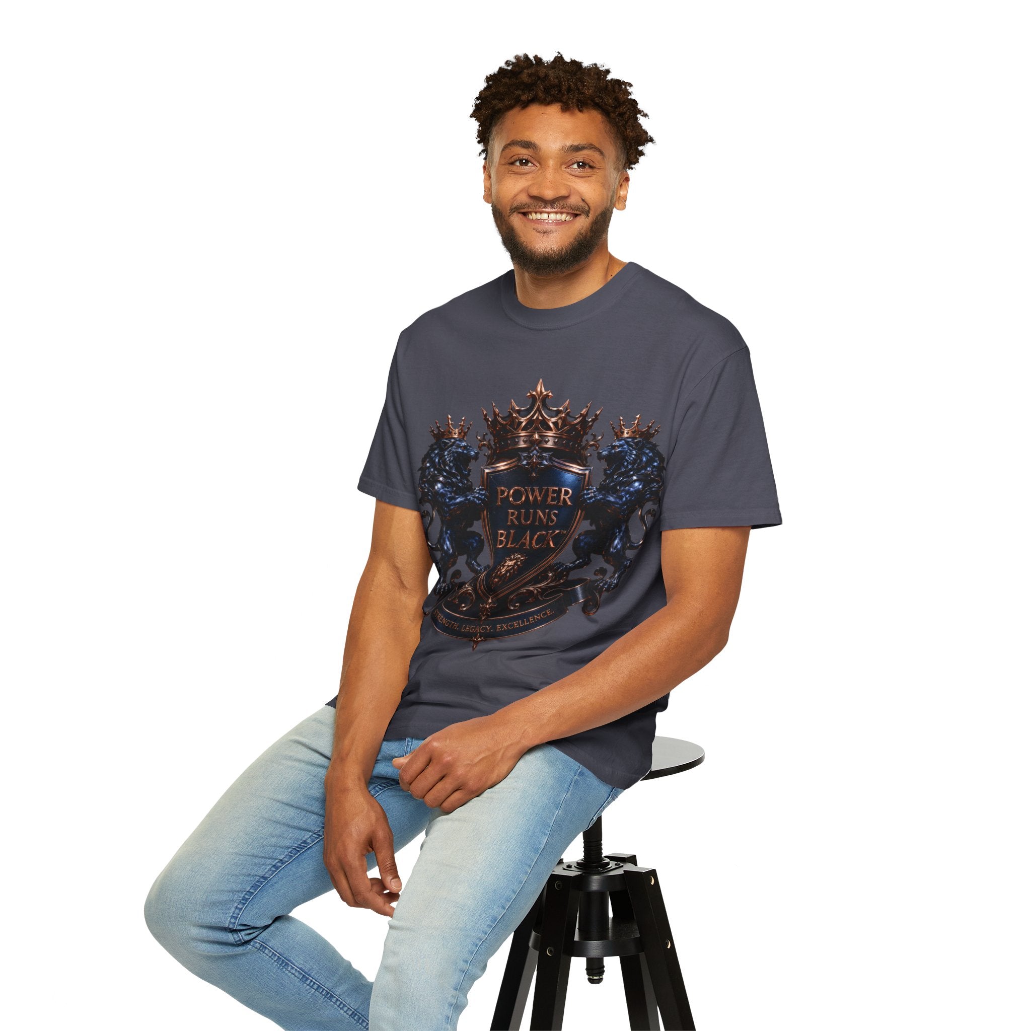 Power Runs Black Crest T-shirt | Heraldic Lion Shield Tee by Power Runs Black