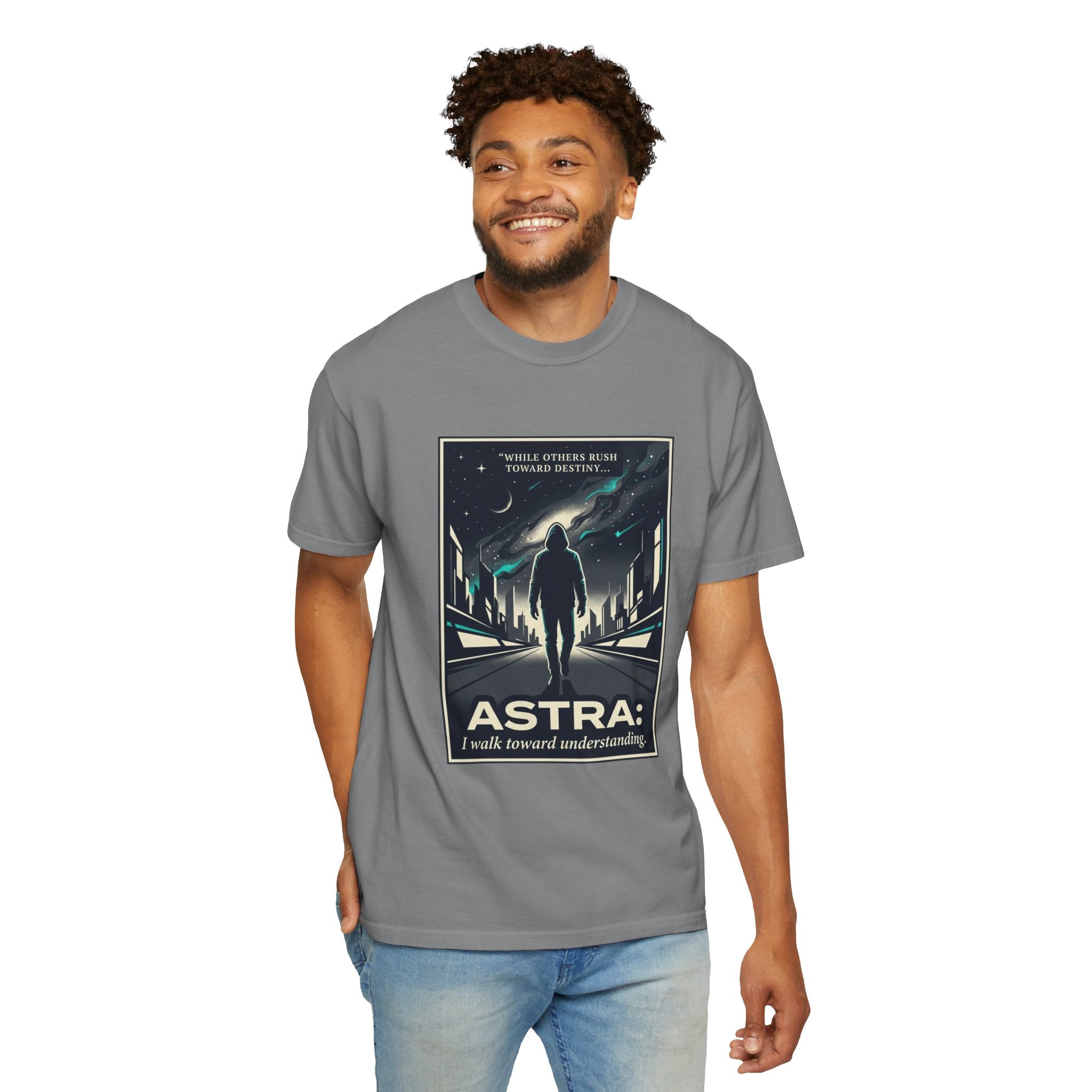 Power Runs Black Astra Sci‑Fi Graphic T-Shirt — "I walk toward understanding" Poster Design by Power Runs Black