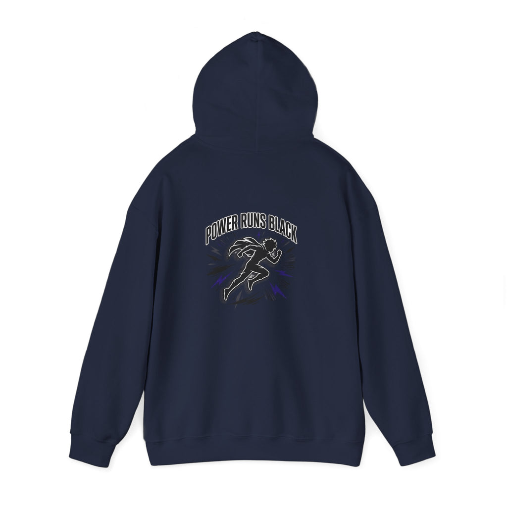 Power Runs Black Hoodie — Bold Graphic Athletic Streetwear by Printify