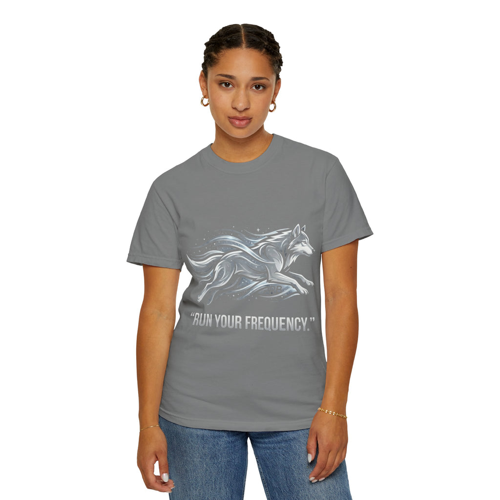 Wolf Graphic T-Shirt — 'Run Your Frequency' Motivational Tee by Printify