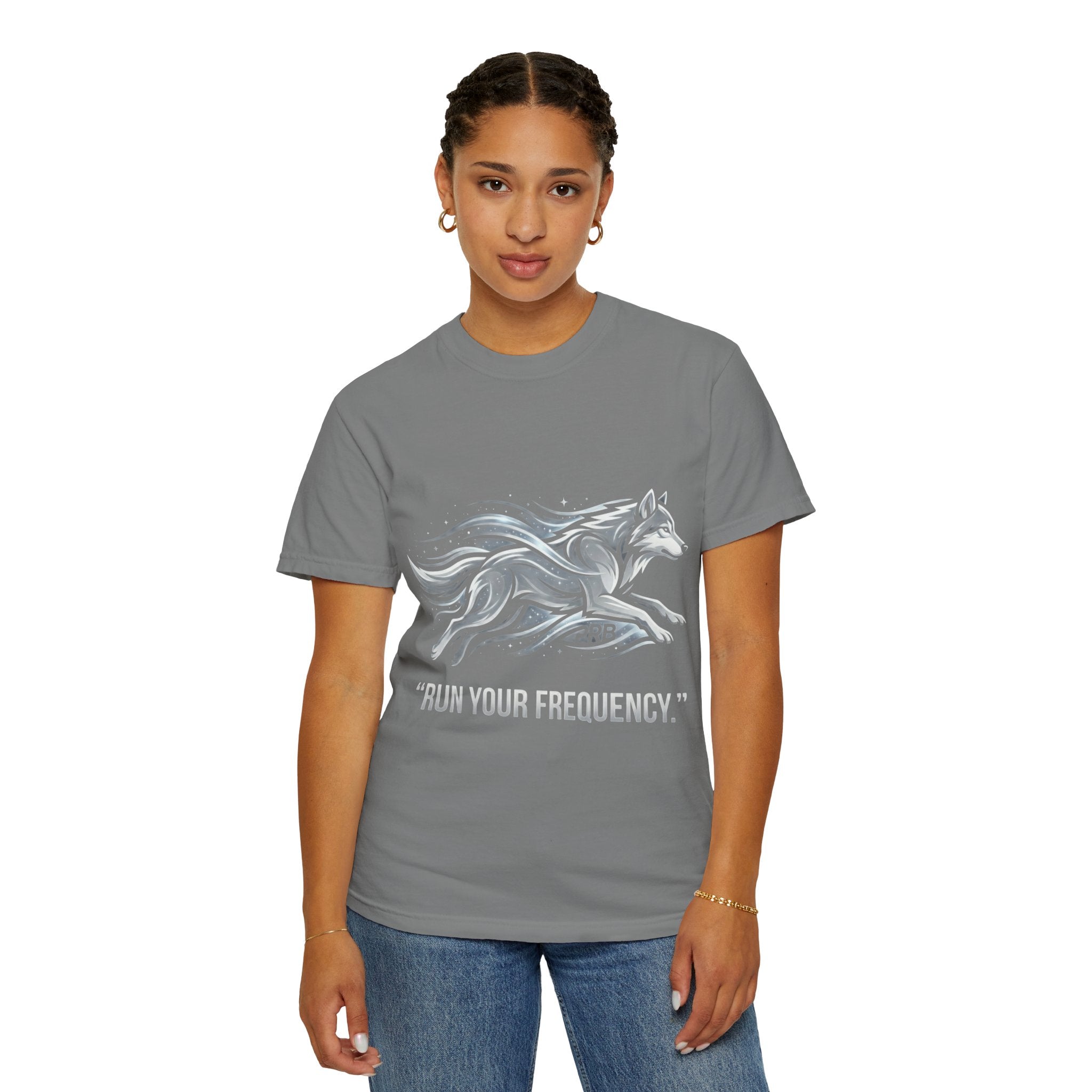 Wolf Graphic T-Shirt — 'Run Your Frequency' Motivational Tee by Printify