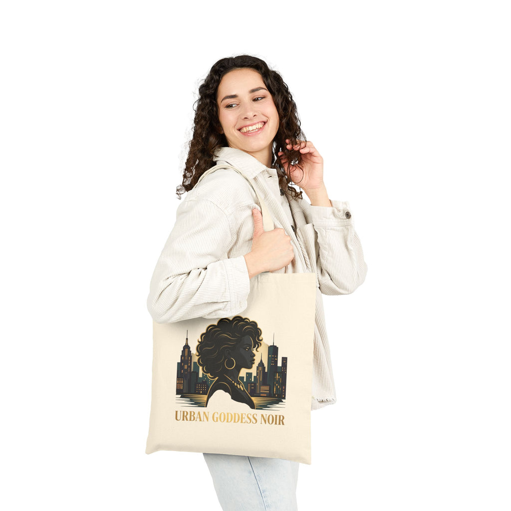Power Runs Black PRB Urban Goddess Noir Cotton Tote Bag – City Skyline Afrocentric Eco Shopper by Power Runs Black