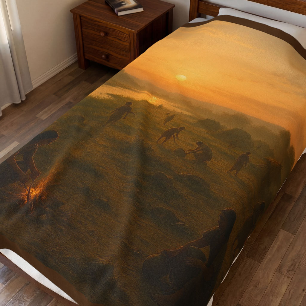 PRB Sunset Campfire Scene Velveteen Plush Blanket | Native Village Landscape by Power Runs Black