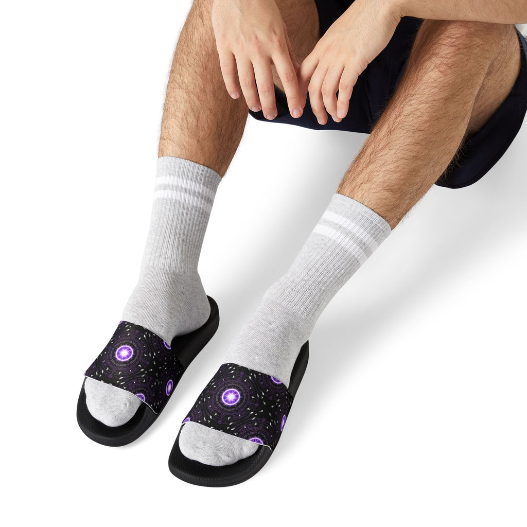 Power Runs Black Men's Removable-Strap Slide Sandals — Purple Cosmic Mandala Pattern by Power Runs Black