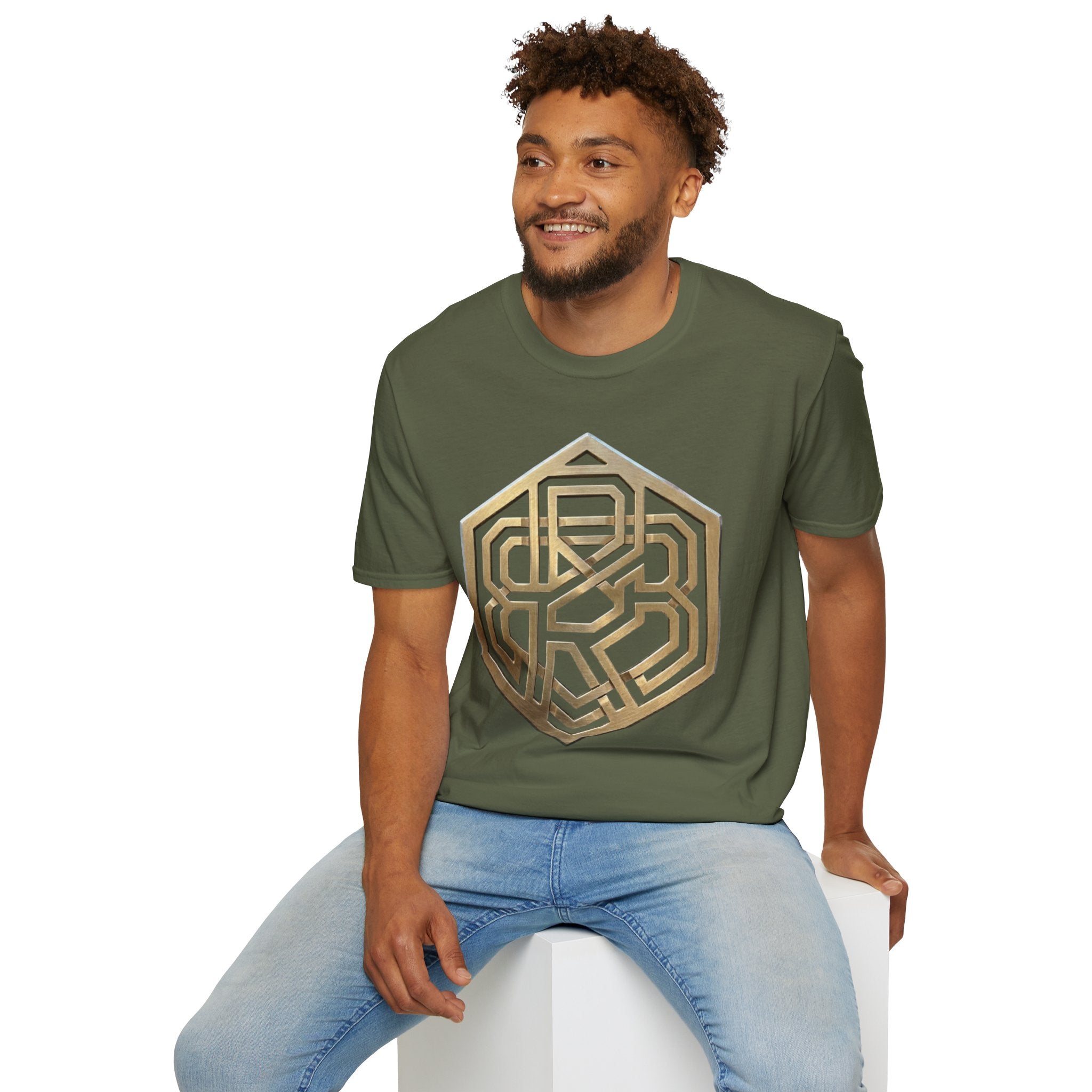 Power Runs Black PRB Geometric Gold Hexagon T-Shirt — Modern Maze Logo Tee by Printify