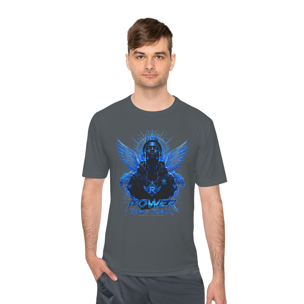 Power Runs Black graphic Tee | Blue angel wings, armored figure, bold script by Power Runs Black