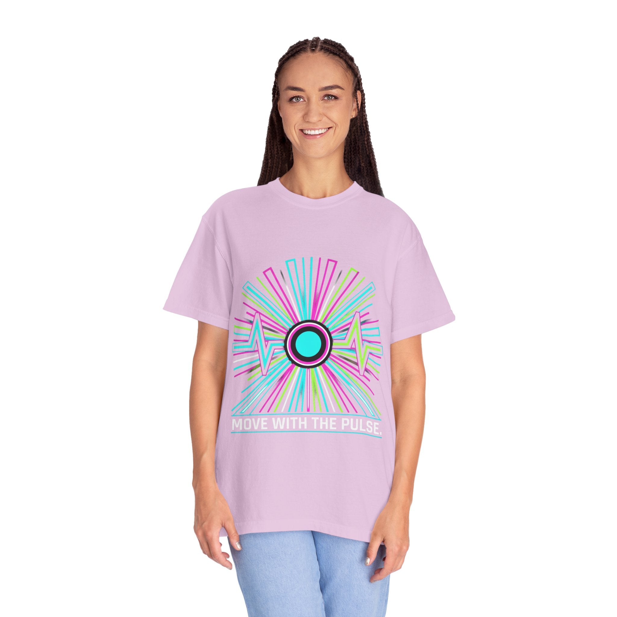 Power Runs Black PRB Electric "Move With Pulse" Graphic T-Shirt — Neon Sunburst Design by Power Runs Black