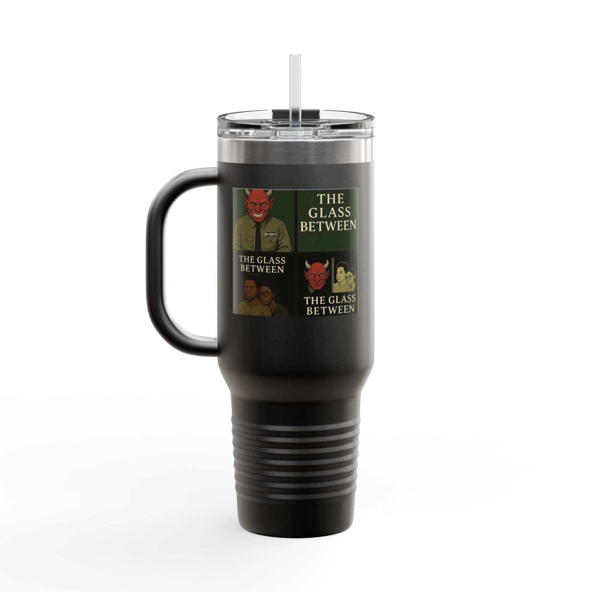 PRB The Glass Between collage travel mug | 40oz insulated tumbler by Power Runs Black