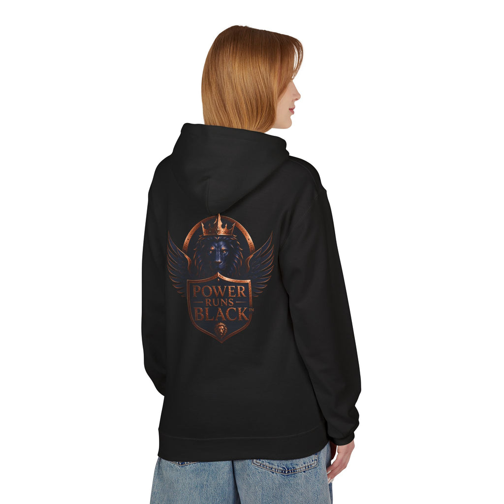 Power Runs Black crest hoodie | medieval shield with lions and wings by Power Runs Black