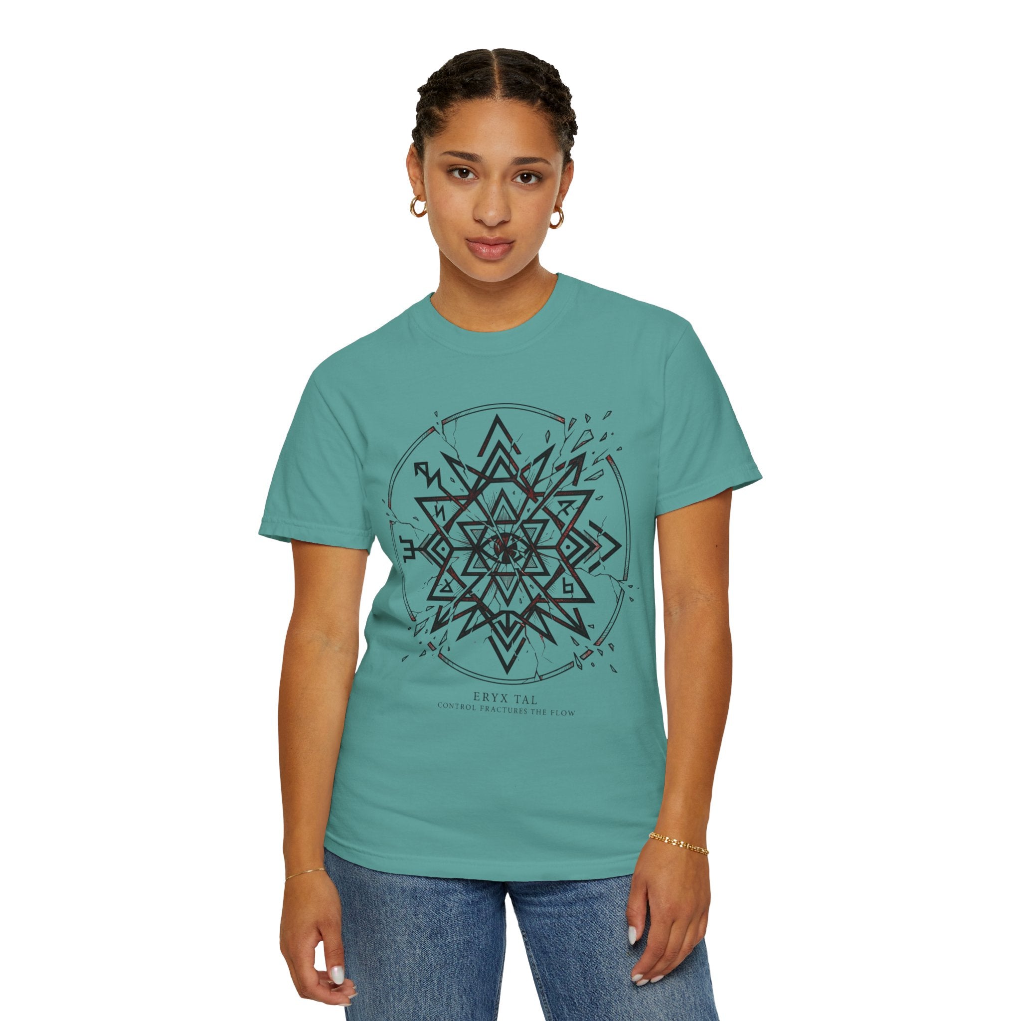 Power Runs Black PRB Eryx Tal Geometric Mandala T-Shirt — Symmetric Star Graphic Tee by Printify