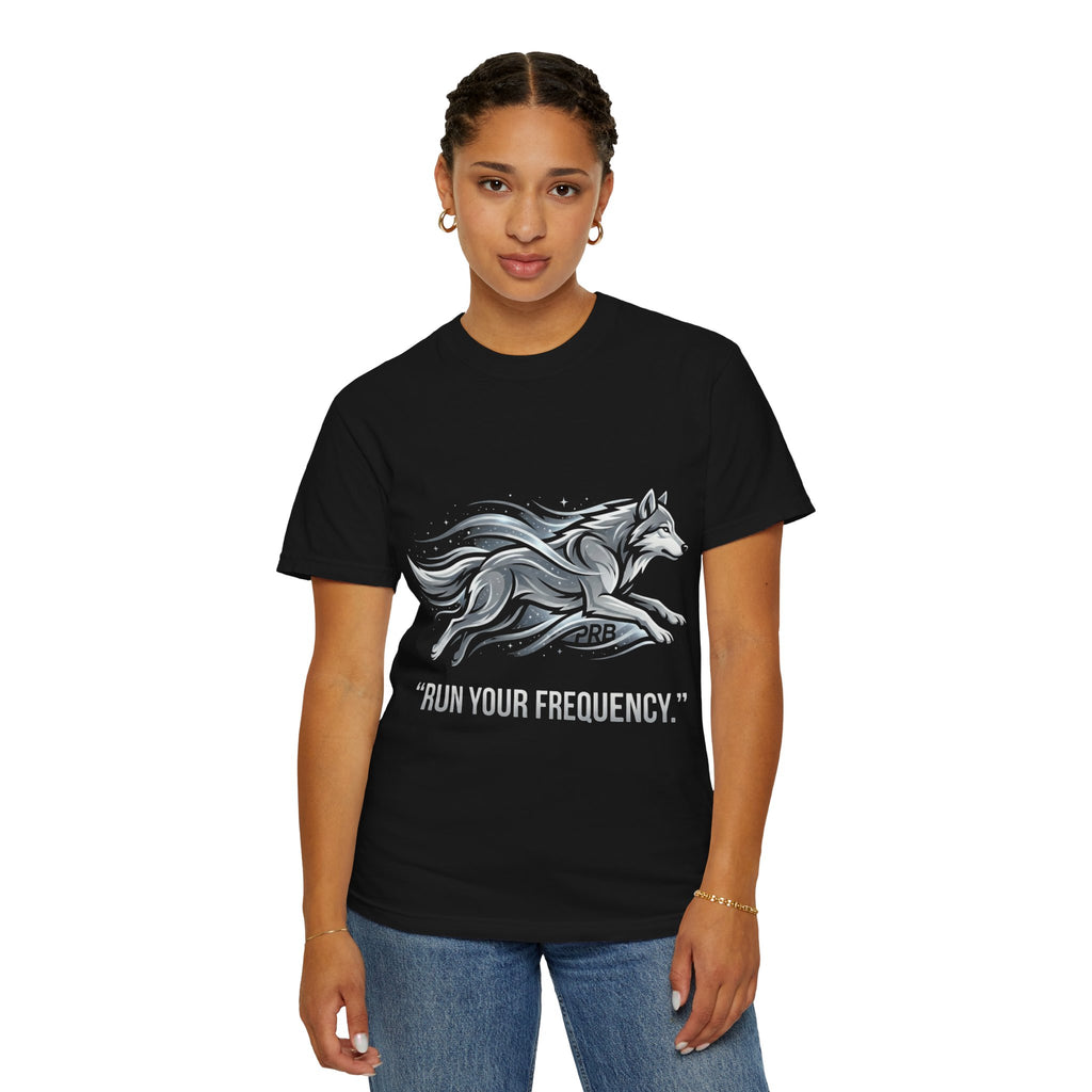 Wolf Graphic T-Shirt — 'Run Your Frequency' Motivational Tee by Printify