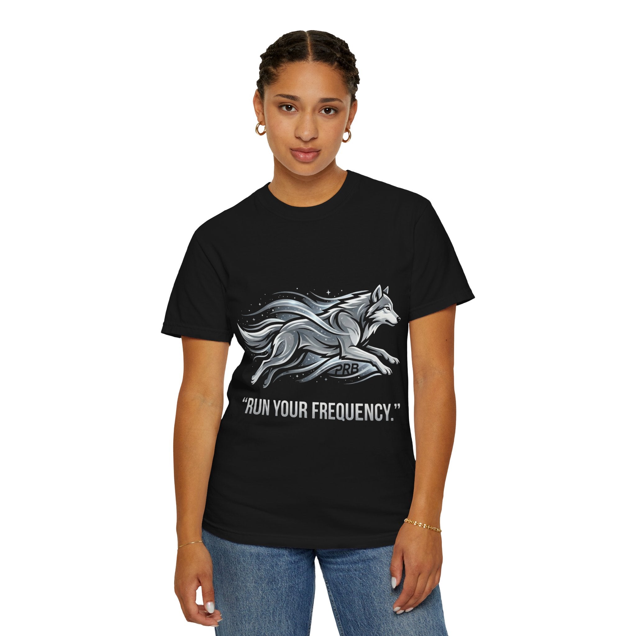 Wolf Graphic T-Shirt — 'Run Your Frequency' Motivational Tee by Printify