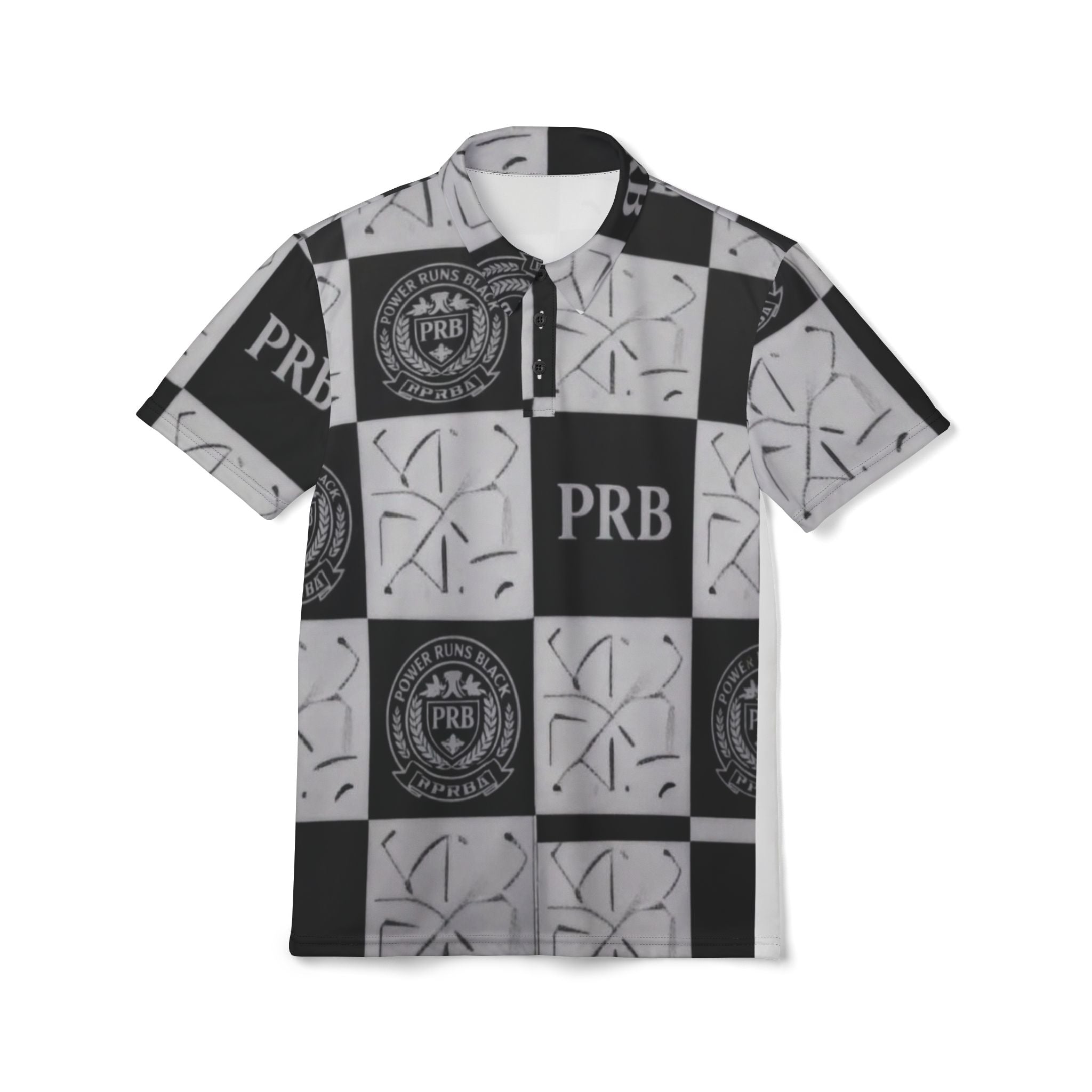 PRB Checkerboard Logo Polo Shirt — PRB Monogram All-Over Print by Printify