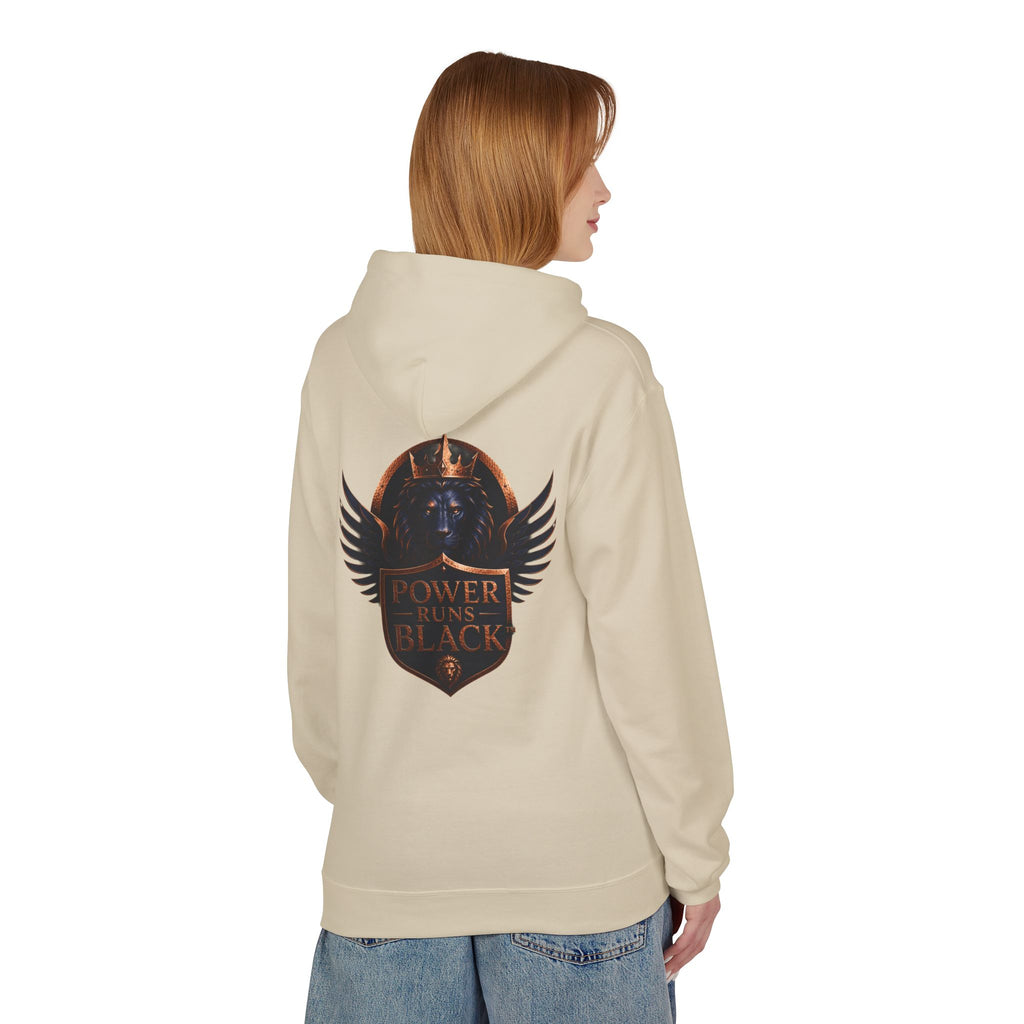 Power Runs Black crest hoodie | medieval shield with lions and wings by Power Runs Black
