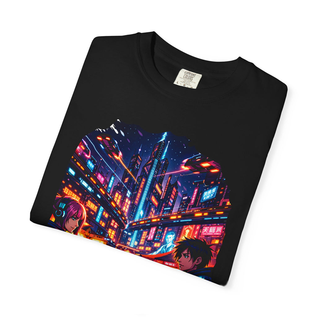 PRB Neon Cyberpunk Cityscape T-shirt | Anime Night Rain Streets by Power Runs Black
