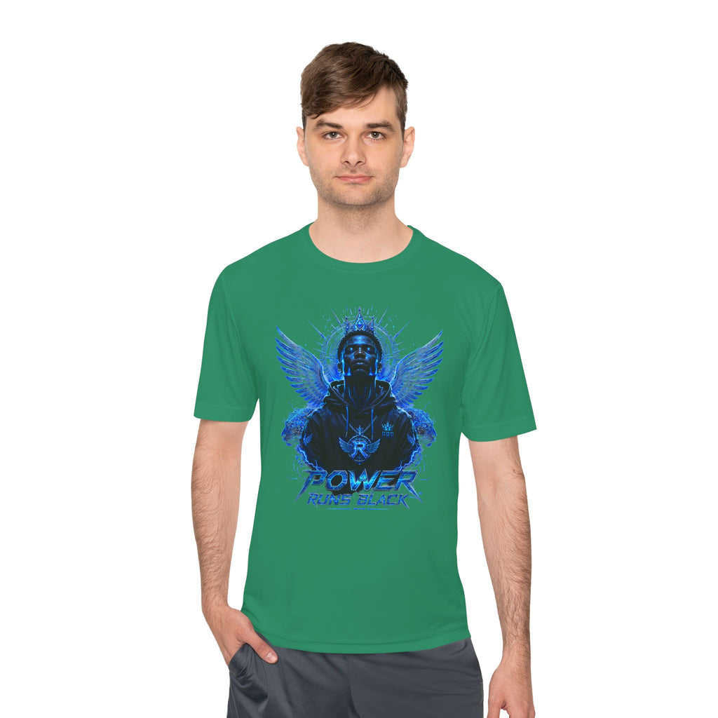 Power Runs Black graphic Tee | Blue angel wings, armored figure, bold script by Power Runs Black