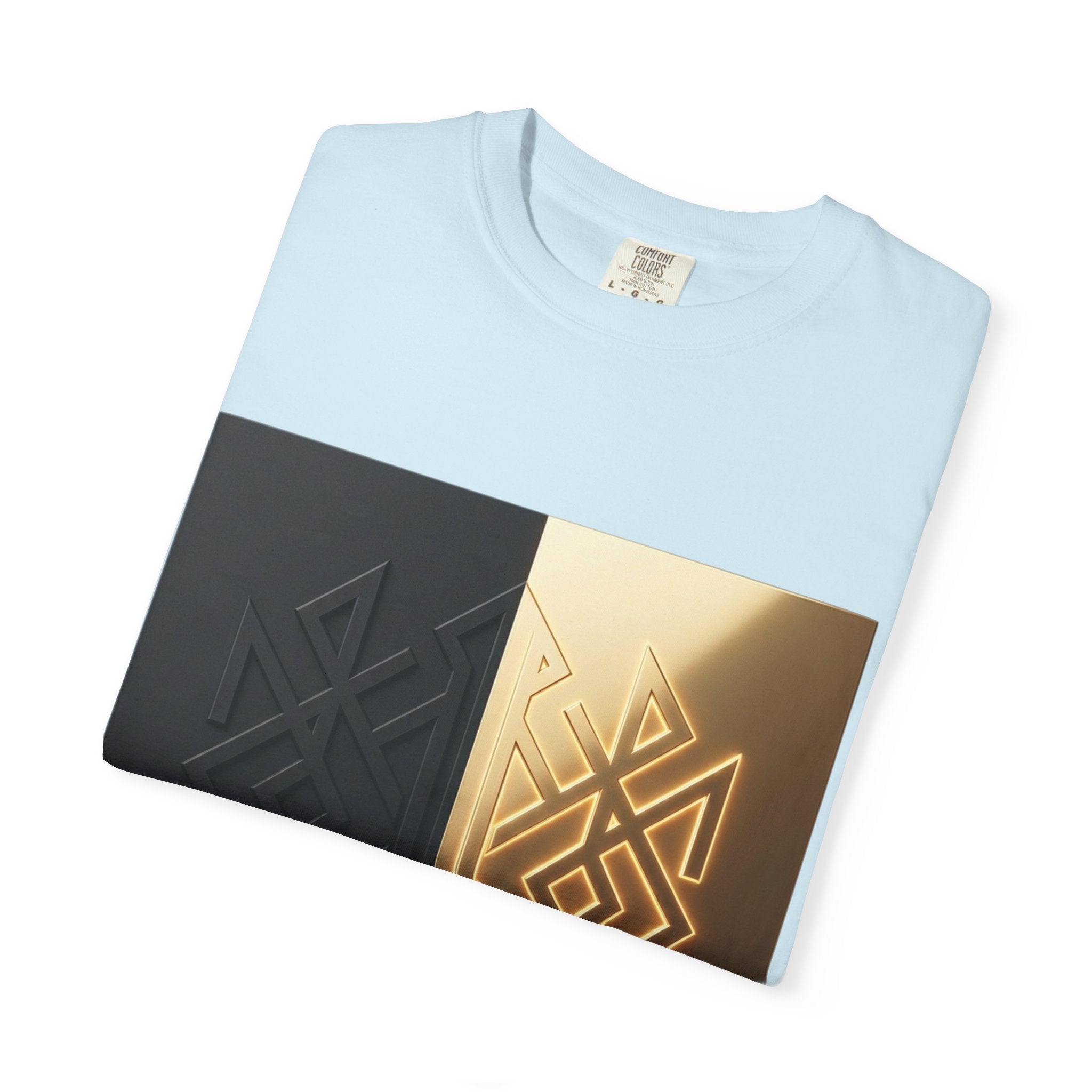 Power Runs Black PRB Geometric Split Glow T-Shirt — Black & Gold Tribal Diamond Graphic by Power Runs Black