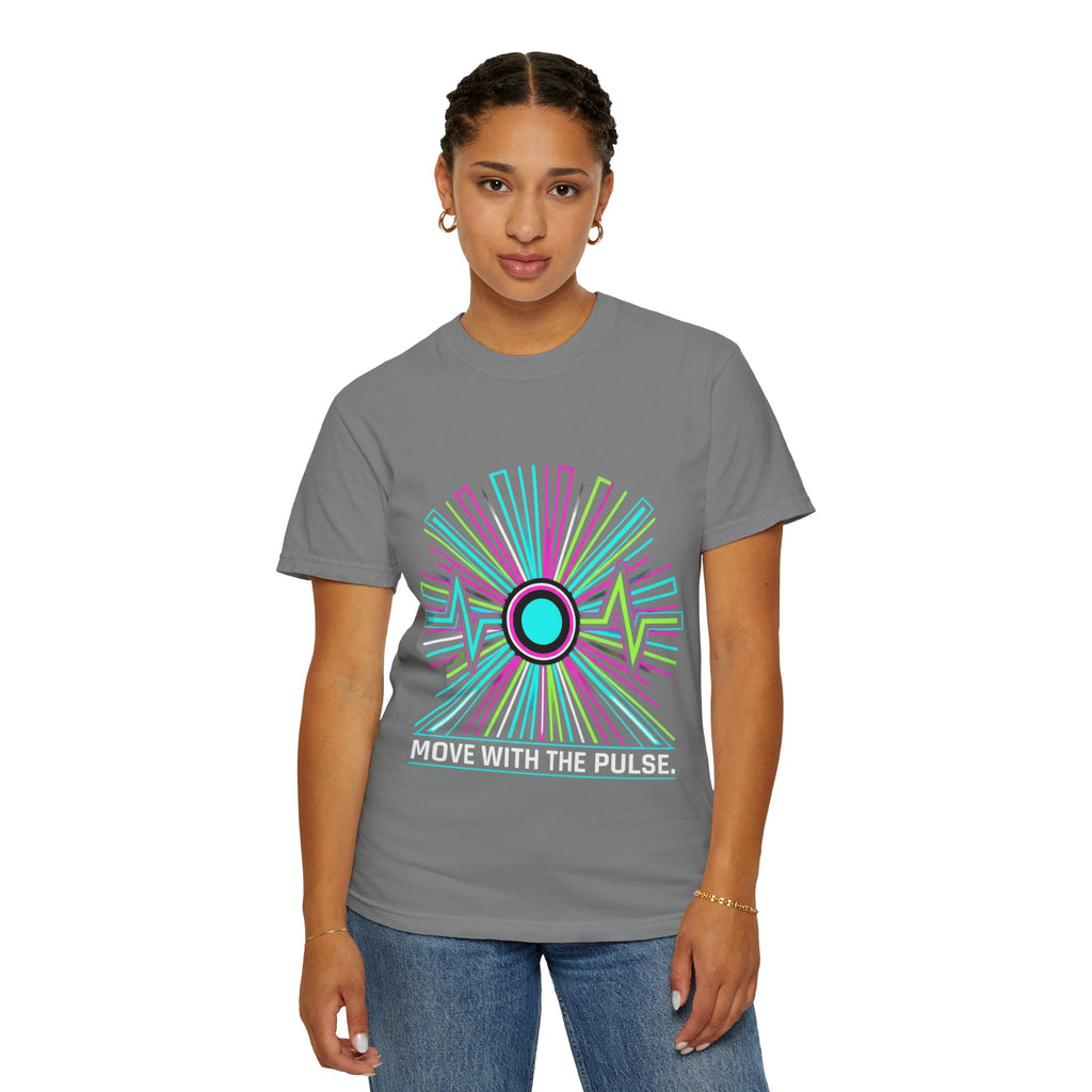 Power Runs Black PRB Electric "Move With Pulse" Graphic T-Shirt — Neon Sunburst Design by Power Runs Black