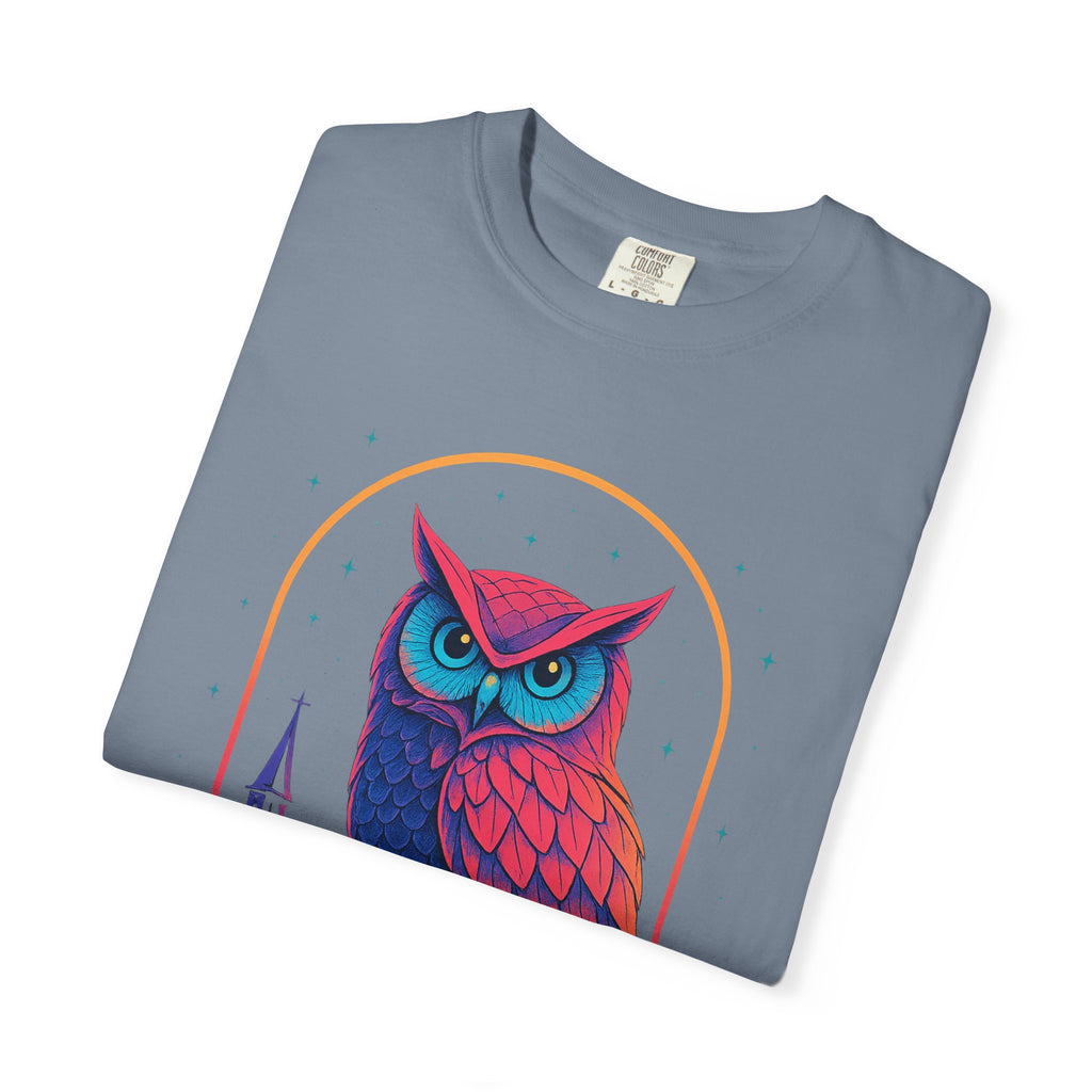 Neon Owl Illustration T-Shirt | Night Church Graphic Tee by Printify