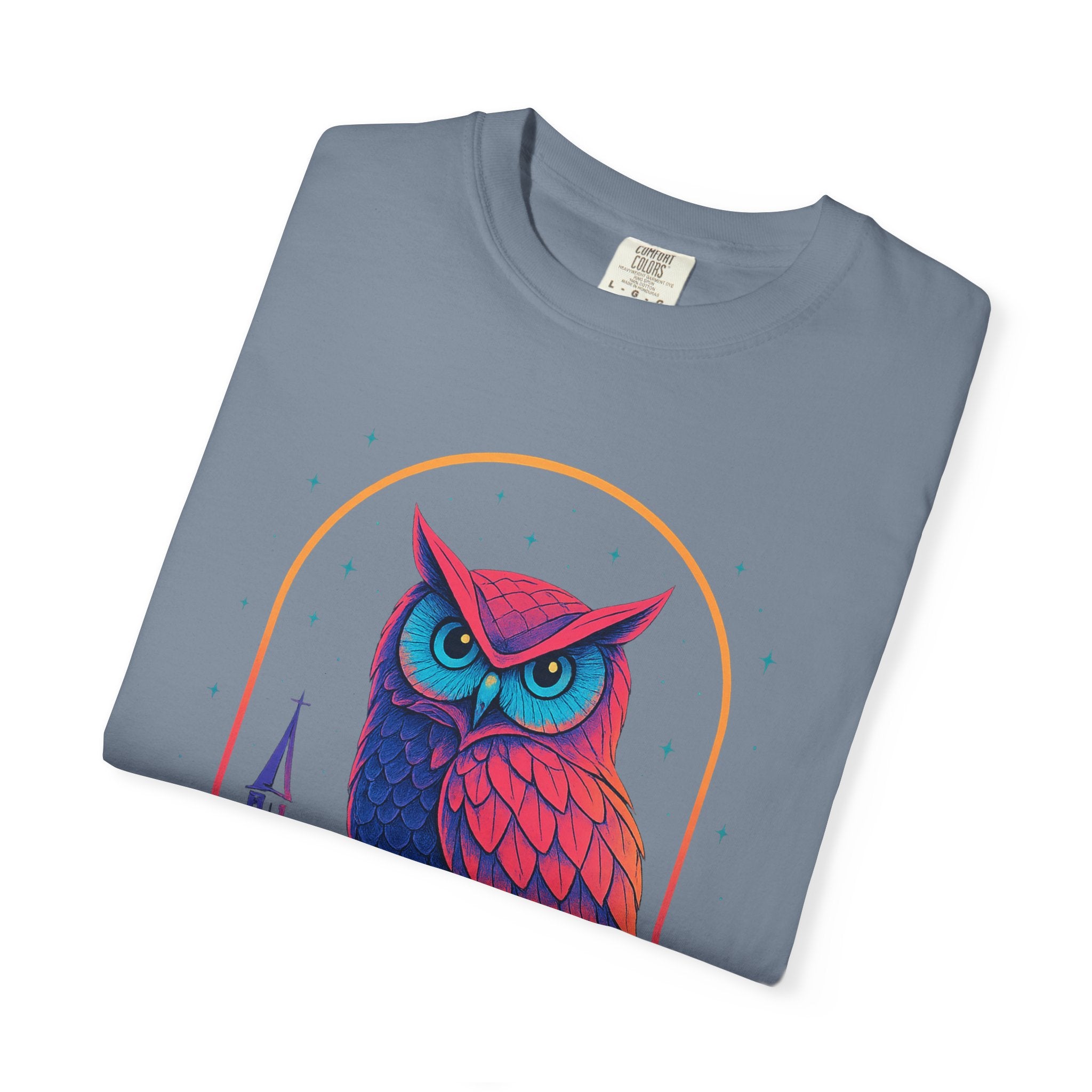Neon Owl Illustration T-Shirt | Night Church Graphic Tee by Printify