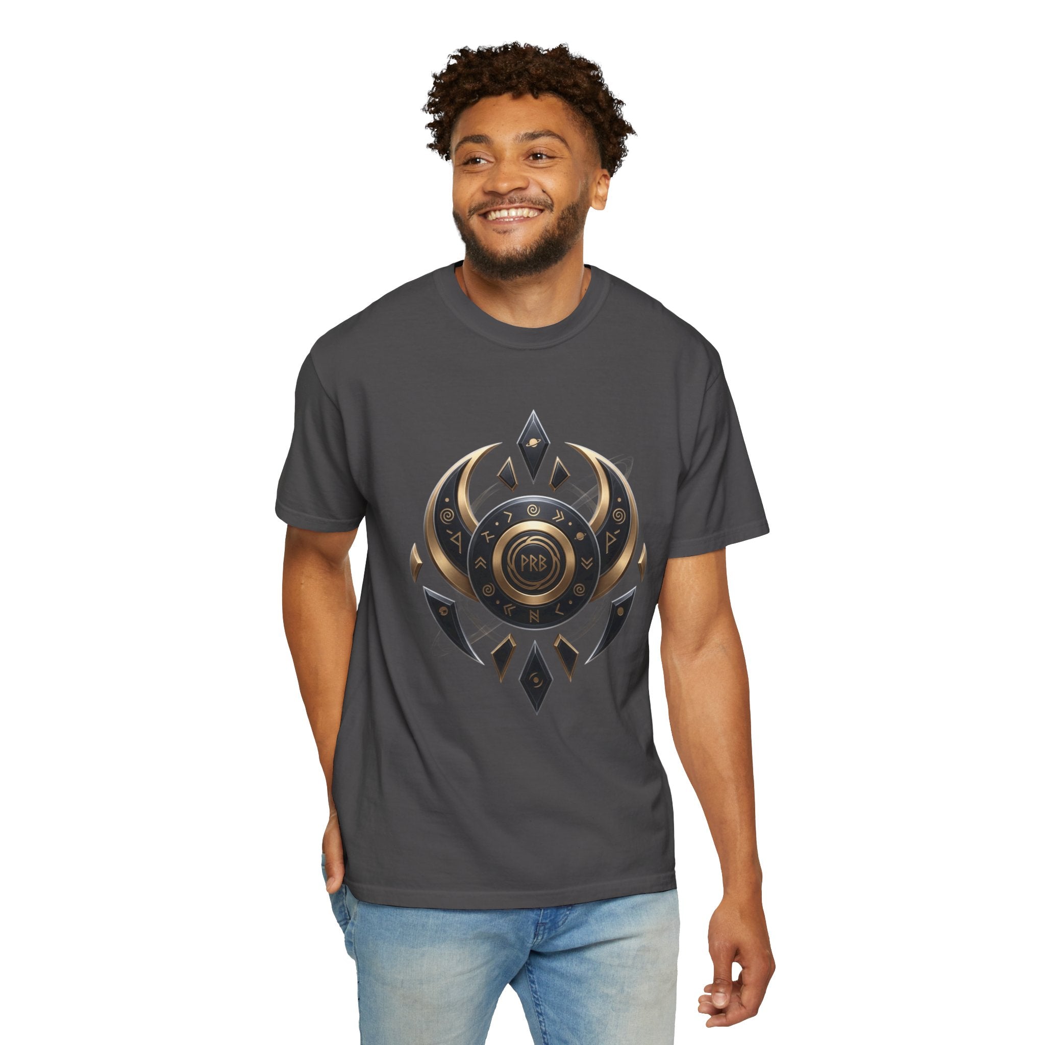 Power Runs Black Mystic Compass Disc T-Shirt — Geometric Gold & Black Emblem Tee by Printify