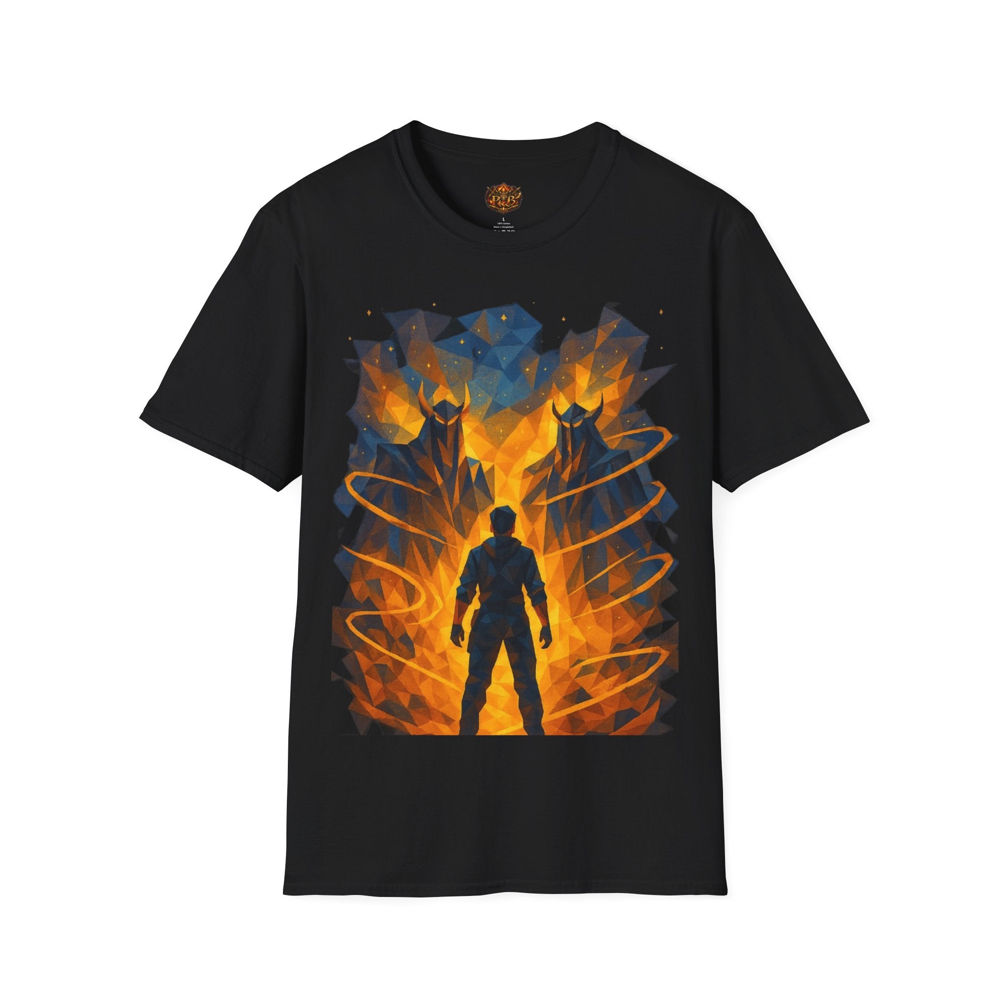 PRB Flame Silhouette Warrior T-Shirt | Fiery Geometric Backdrop by Power Runs Black