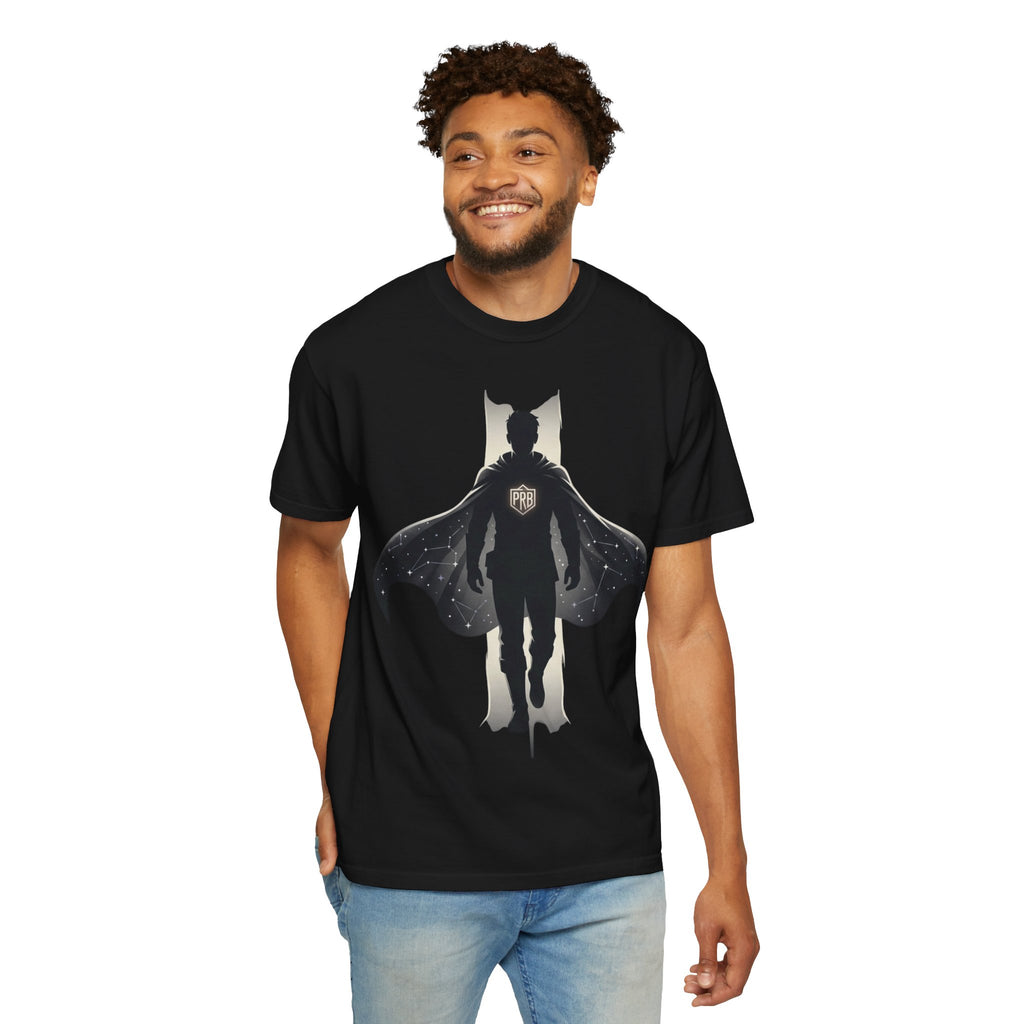 Power Runs Black Silhouette PRB Superhero with Cape T-shirt | Night Sky Emblem, Graphic Tee by Printify
