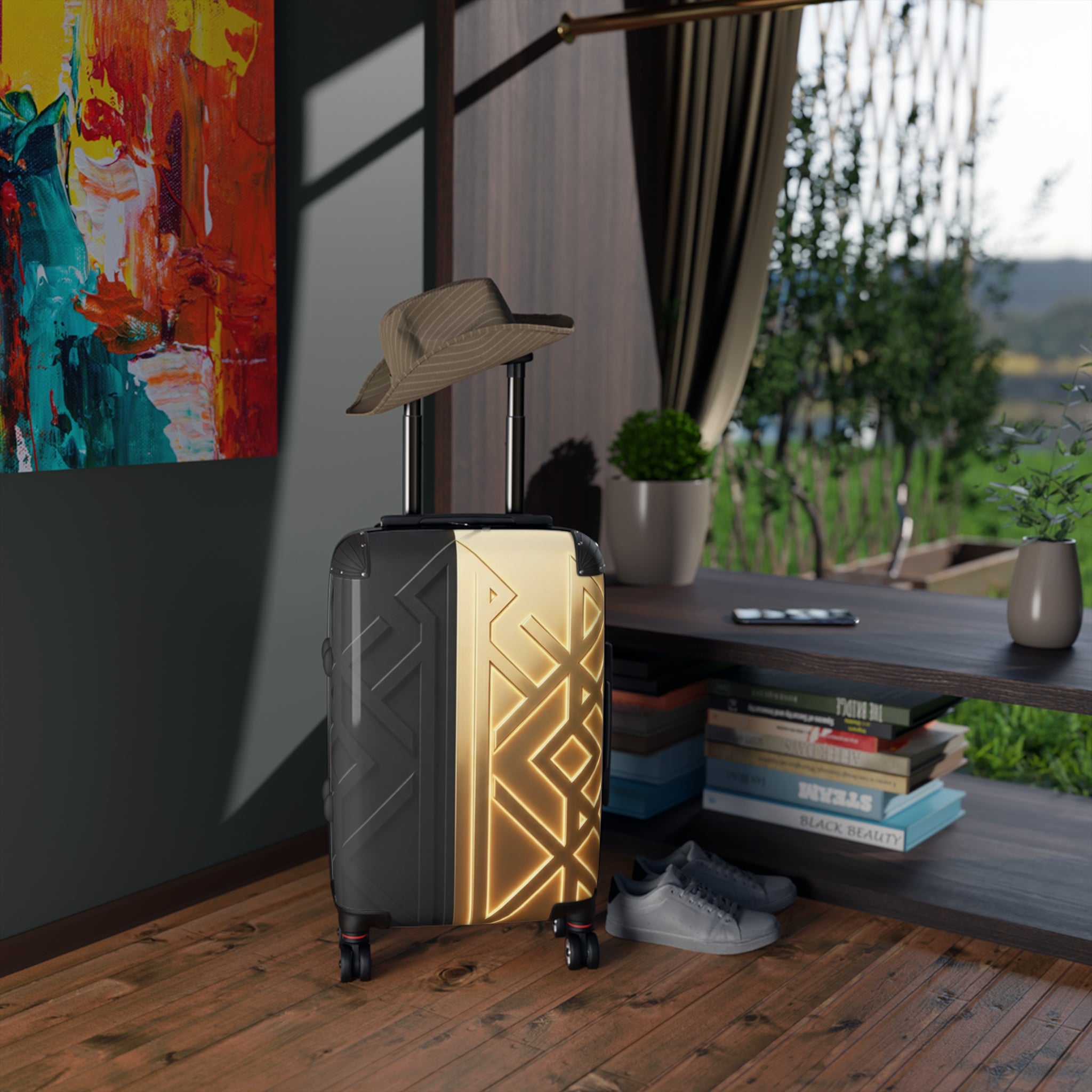 Power Runs Black PRB Gold Geo Accent Suitcase – Carry-On Hard Shell Luggage by Power Runs Black
