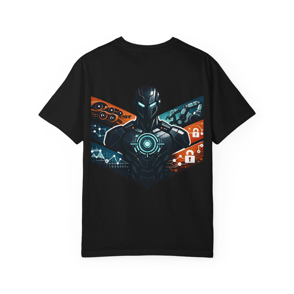 Power Runs Black Cyberframe Unit T-Shirt — Futuristic Tech Armor Graphic Tee by Power Runs Black