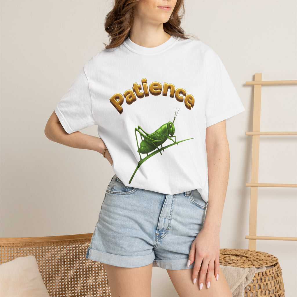 PRB Patience Grasshopper T-shirt | Green Grasshopper Illustration, Positive Quote by Power Runs Black