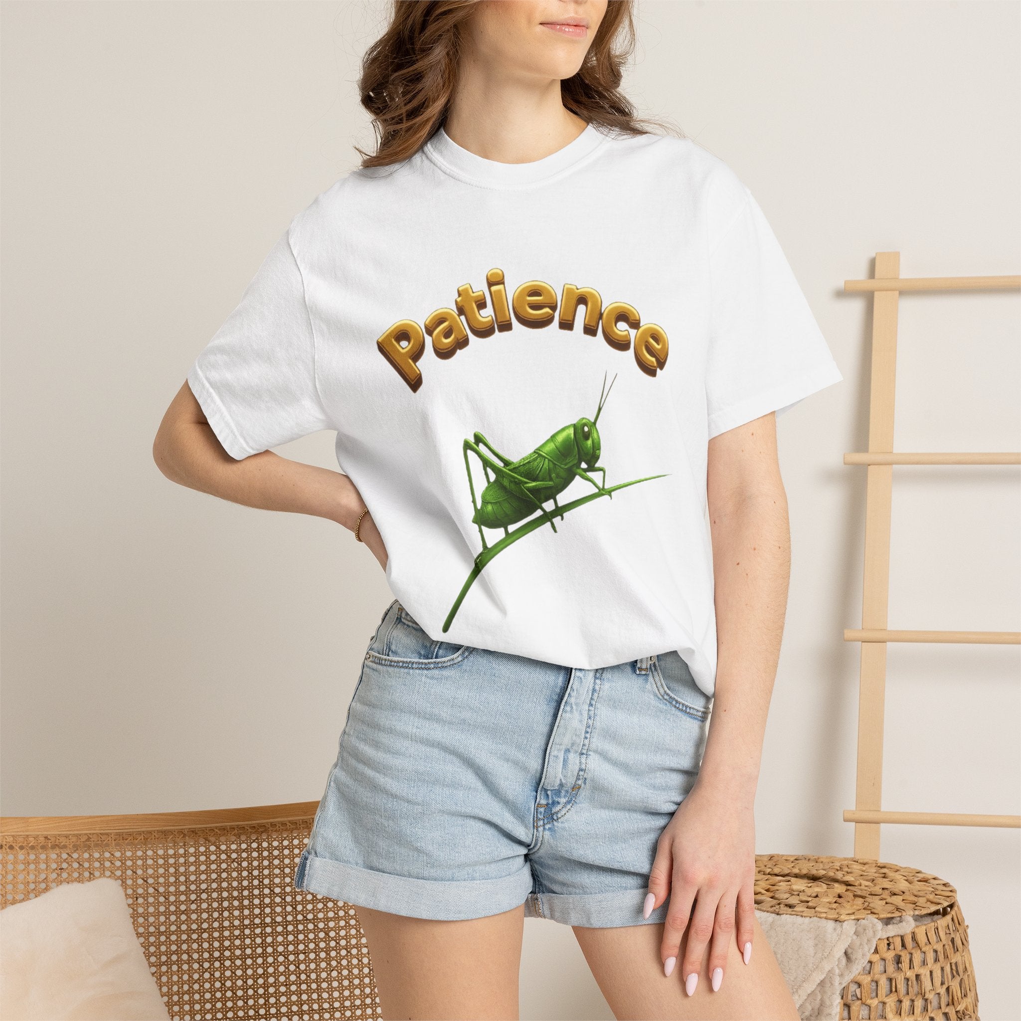 PRB Patience Grasshopper T-shirt | Green Grasshopper Illustration, Positive Quote by Power Runs Black