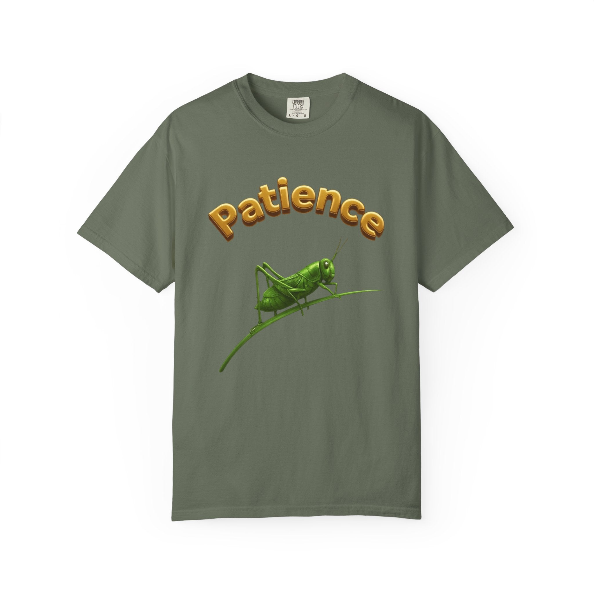 PRB Patience Grasshopper T-shirt | Green Grasshopper Illustration, Positive Quote by Printify