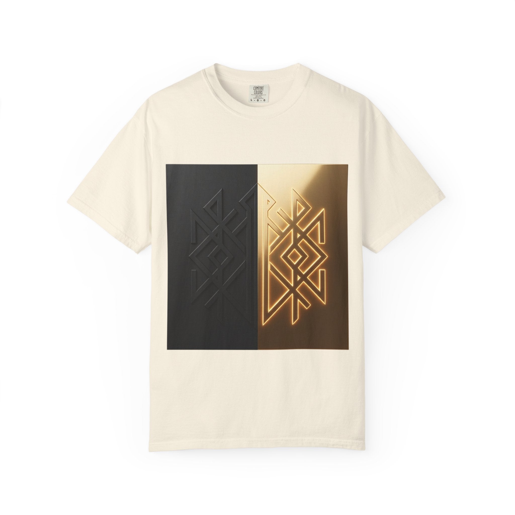 Power Runs Black PRB Geometric Split Glow T-Shirt — Black & Gold Tribal Diamond Graphic by Power Runs Black