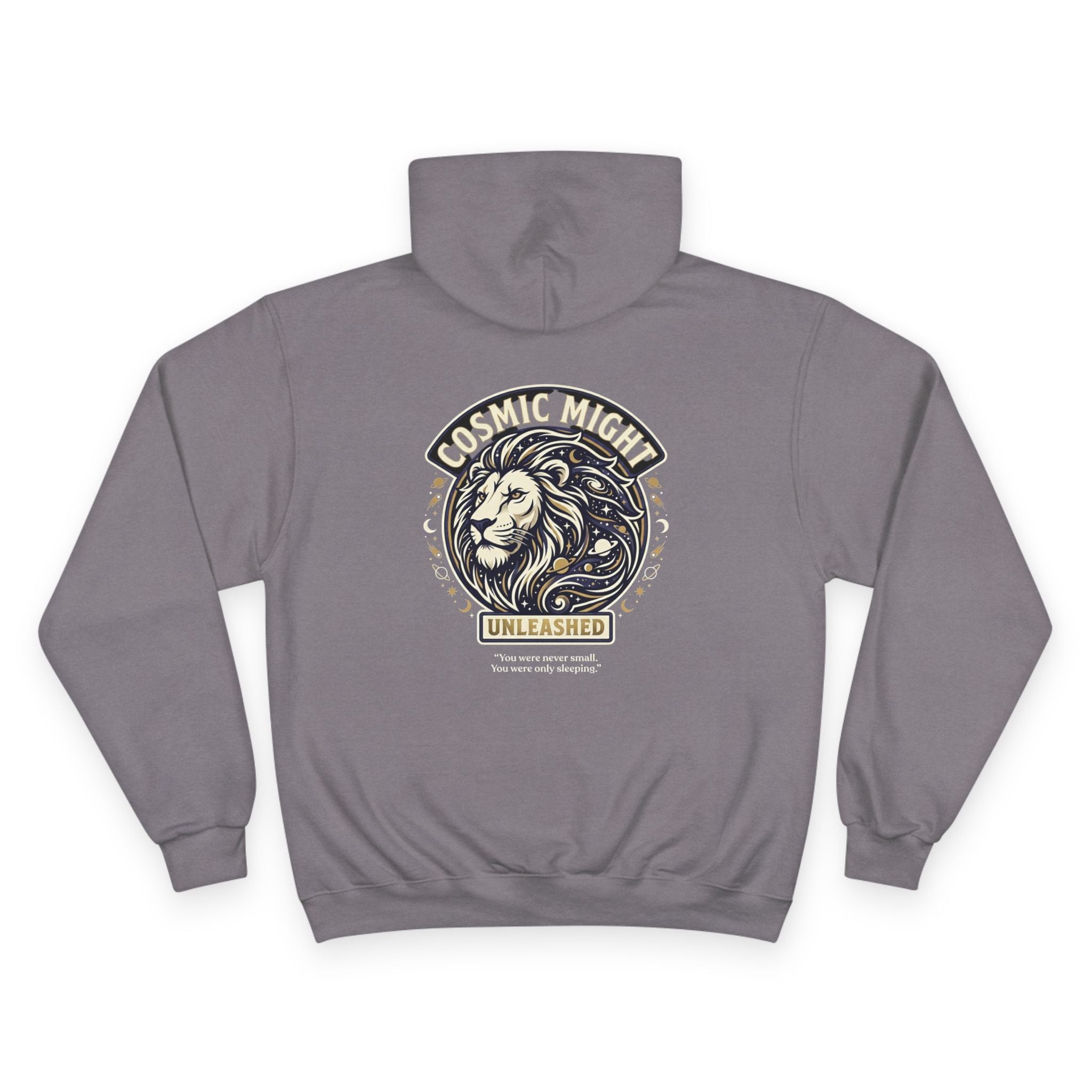 PRB Starforged Flex Cosmic Might Unleashed Lion Crest Hoodie — 'Unleashed' Athletic Champion Graphic Hoodie by Power Runs Black