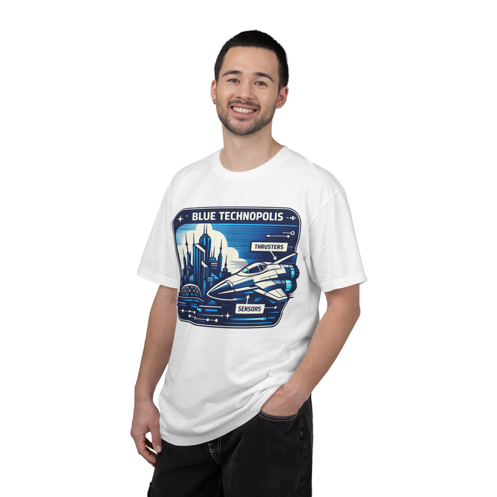 Power Runs Black PRB Technopolis Spacecraft T-Shirt — Blue Technopolis Retro Sci‑Fi Tee by Printify