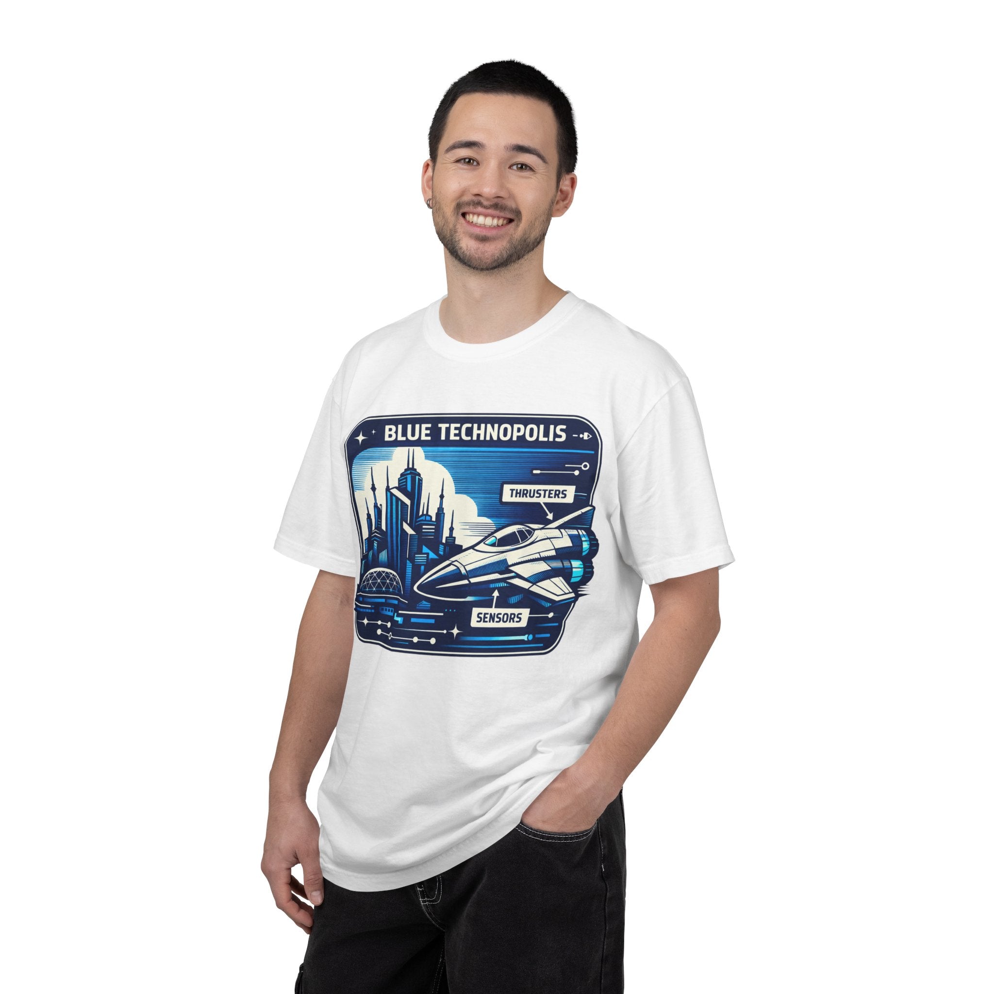 Power Runs Black PRB Technopolis Spacecraft T-Shirt — Blue Technopolis Retro Sci‑Fi Tee by Printify