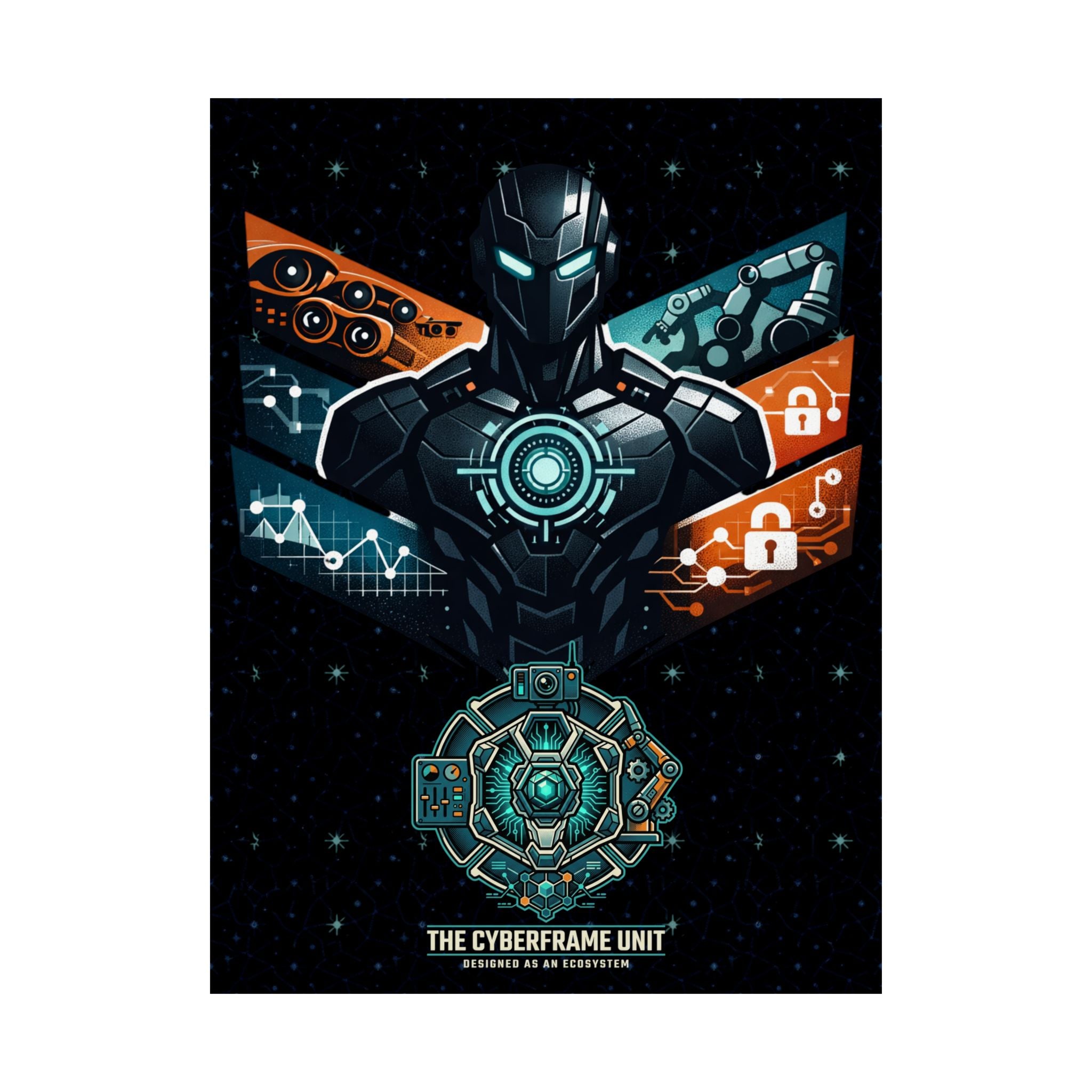 Power Runs Black Cyberframe Unit Sci‑Fi Poster — Matte Vertical by Power Runs Black