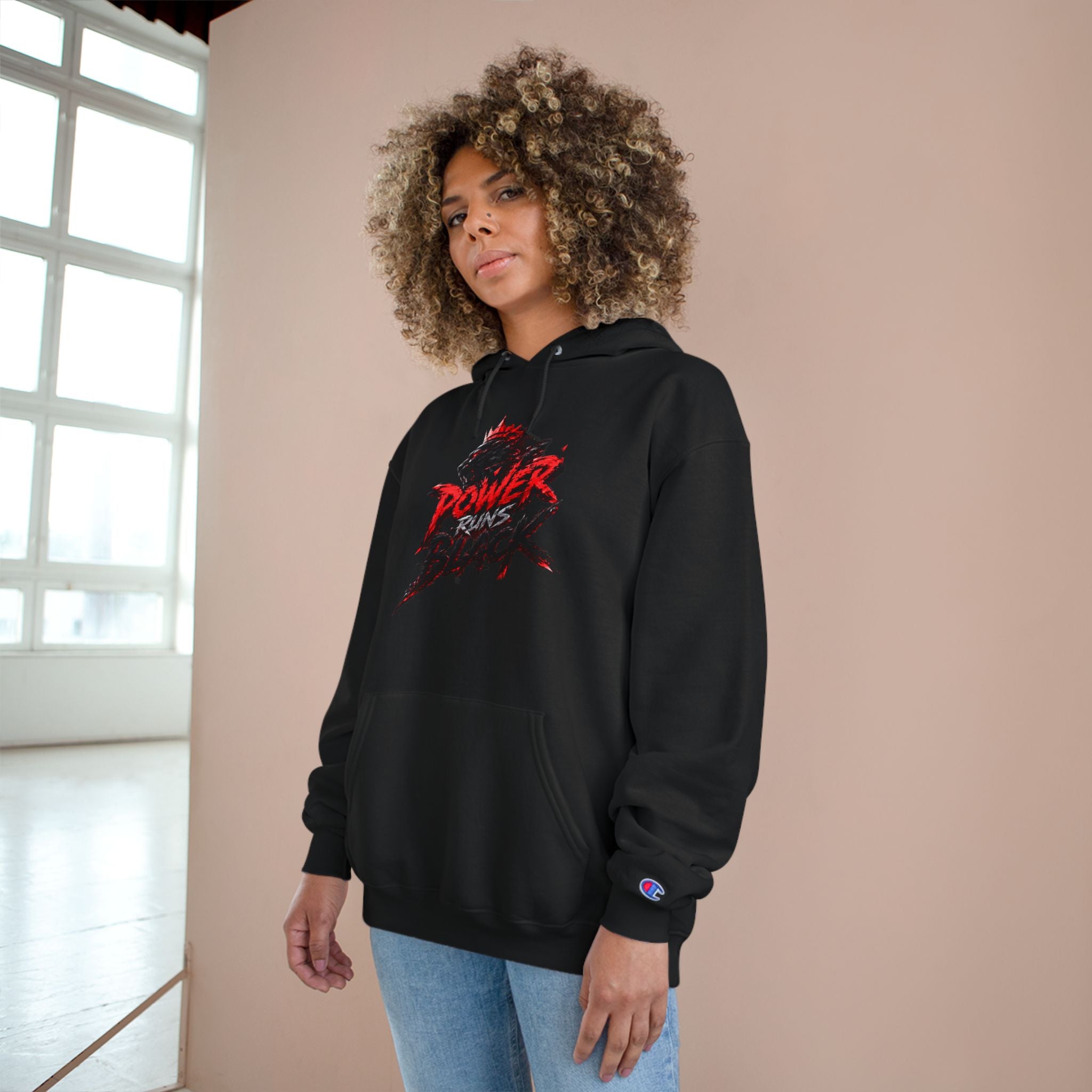 Power Runs Black logo hoodie | Flame crest design by Power Runs Black