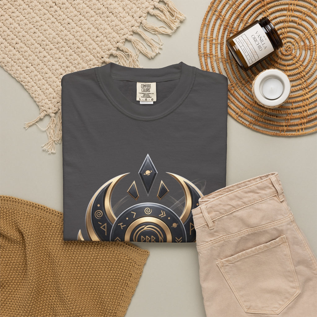 Power Runs Black Mystic Compass Disc T-Shirt — Geometric Gold & Black Emblem Tee by Printify