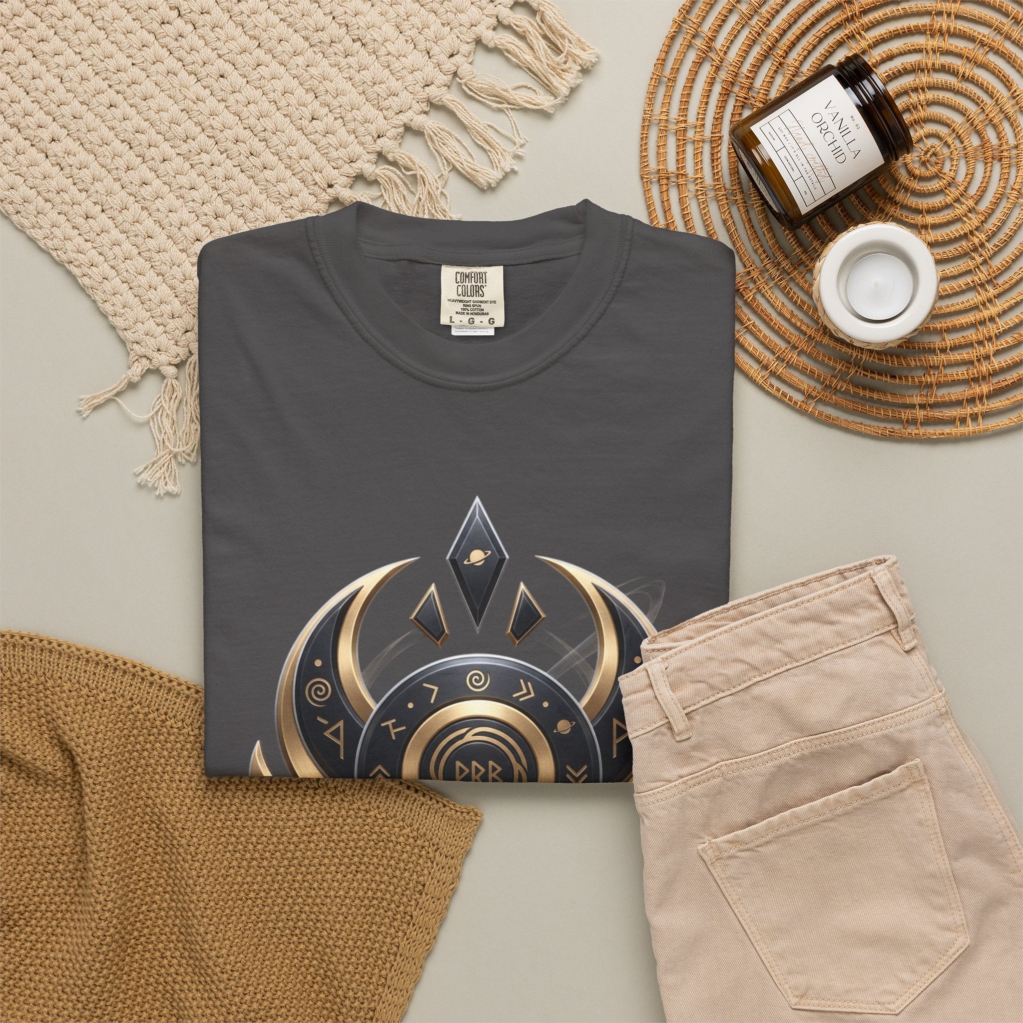 Power Runs Black Mystic Compass Disc T-Shirt — Geometric Gold & Black Emblem Tee by Printify
