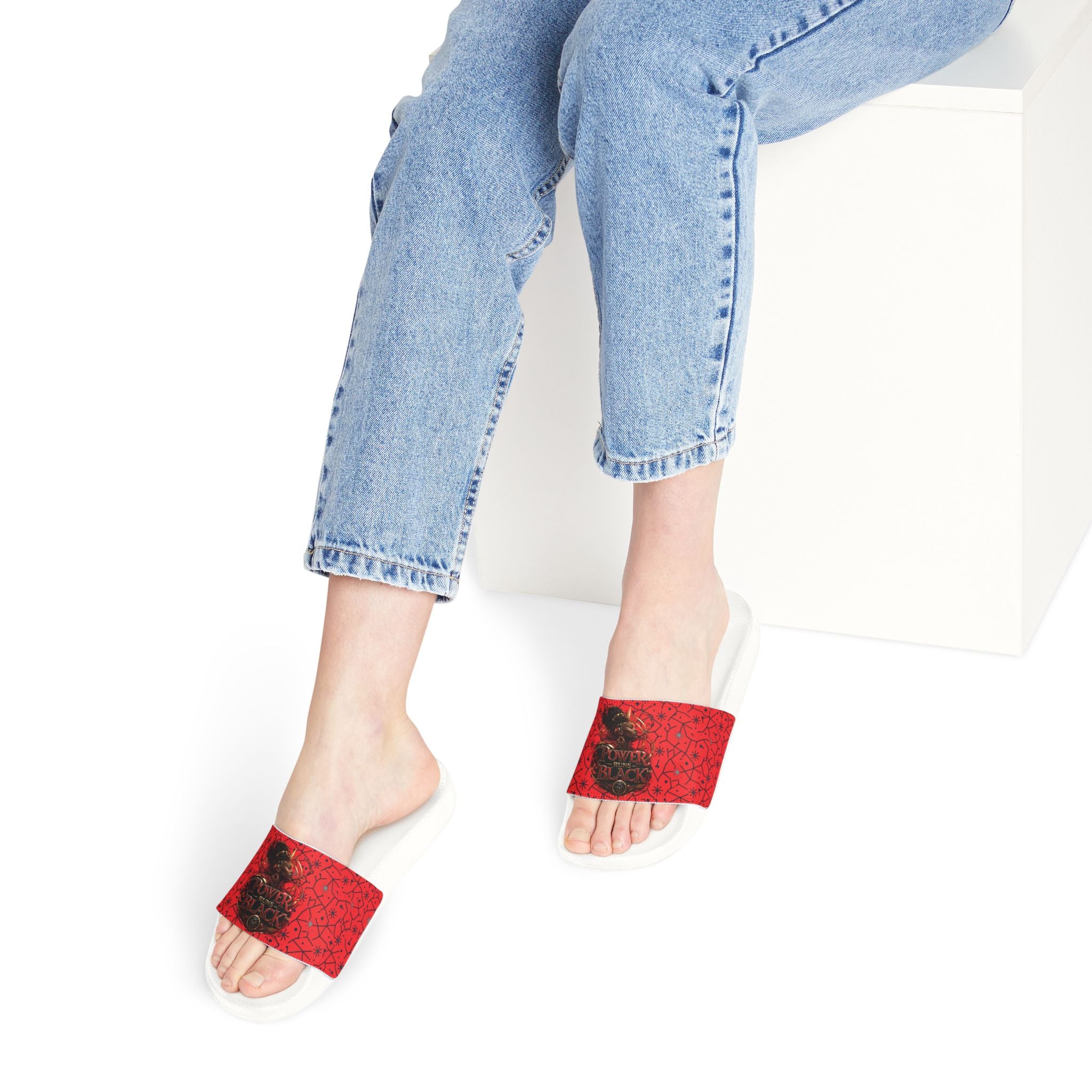 Power Runs Black Removable-Strap Sandals - Red Floral Pattern Slide Sandals for Women by Power Runs Black