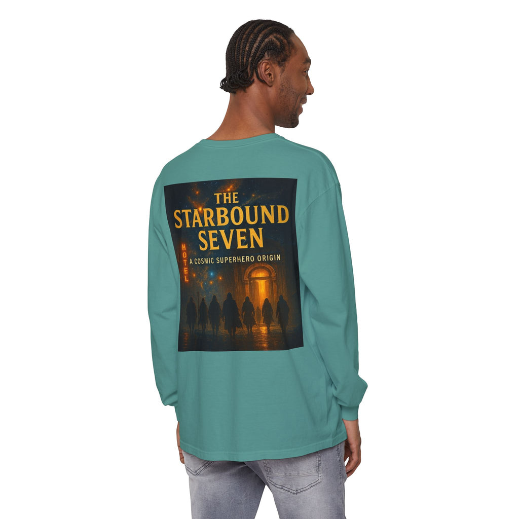 PRB The Starbound Seven graphic long sleeve shirt | cosmic superhero poster by Power Runs Black