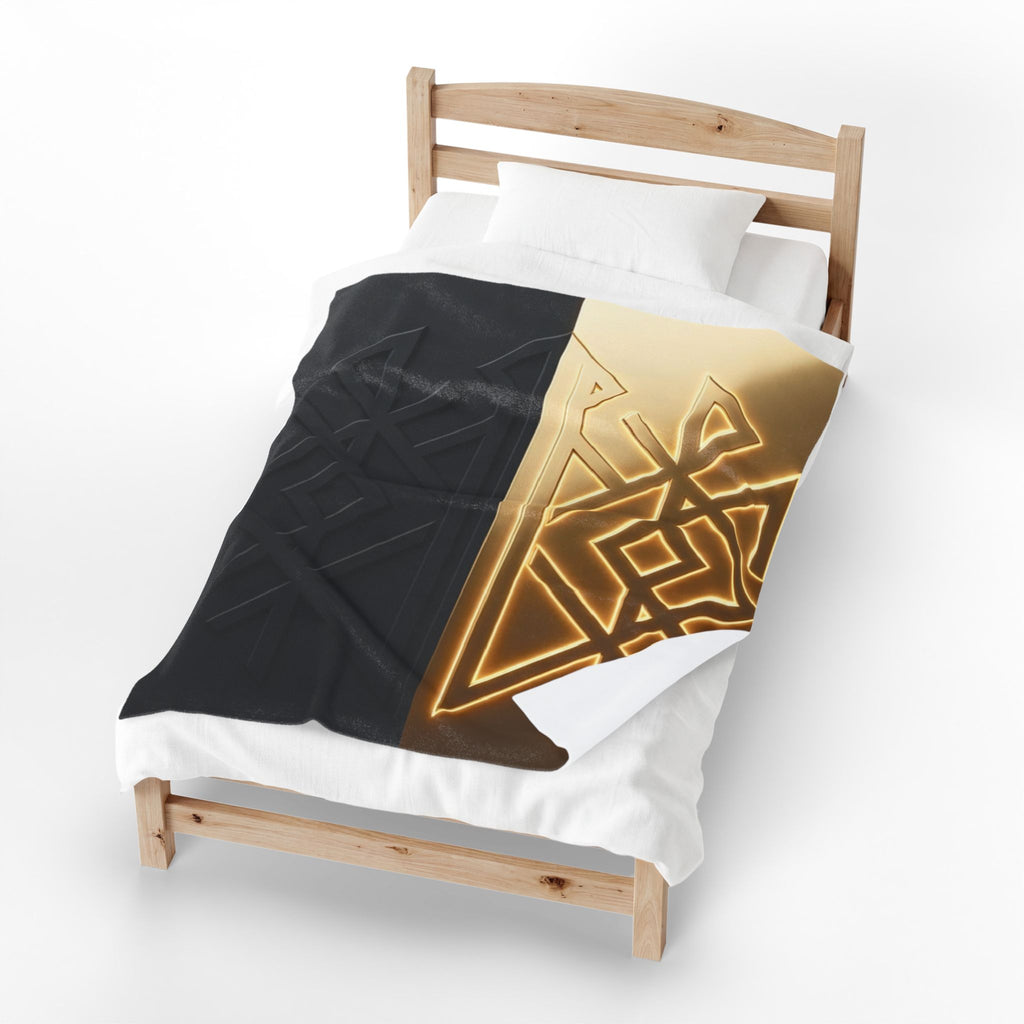 Power Runs Black PRB Velveteen Plush Blanket — Geometric Gold & Black Nordic Rune Throw by Power Runs Black