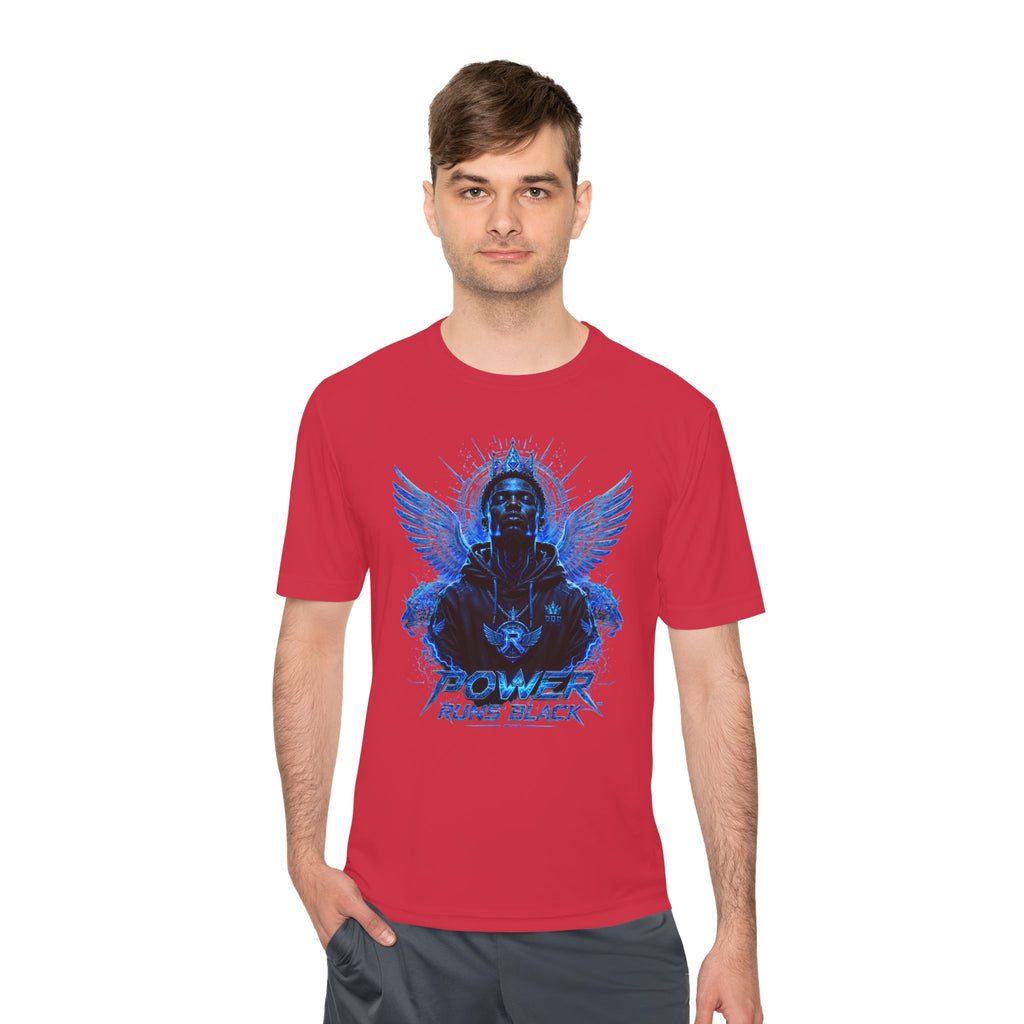 Power Runs Black graphic Tee | Blue angel wings, armored figure, bold script by Power Runs Black