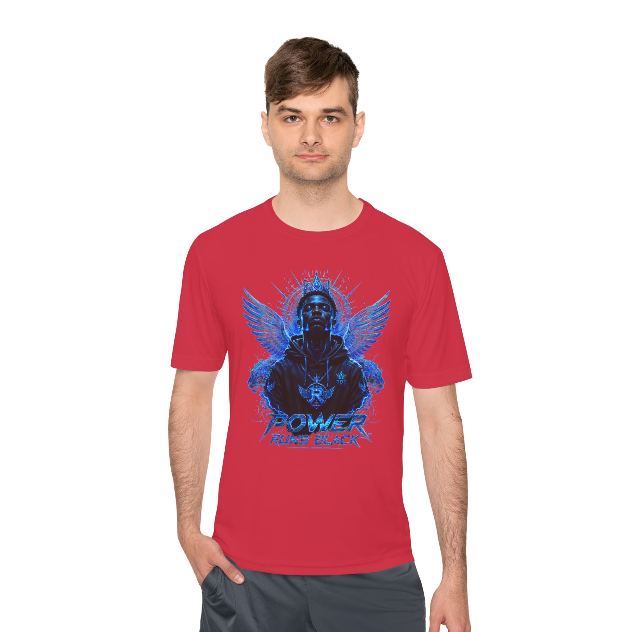 Power Runs Black graphic Tee | Blue angel wings, armored figure, bold script by Power Runs Black